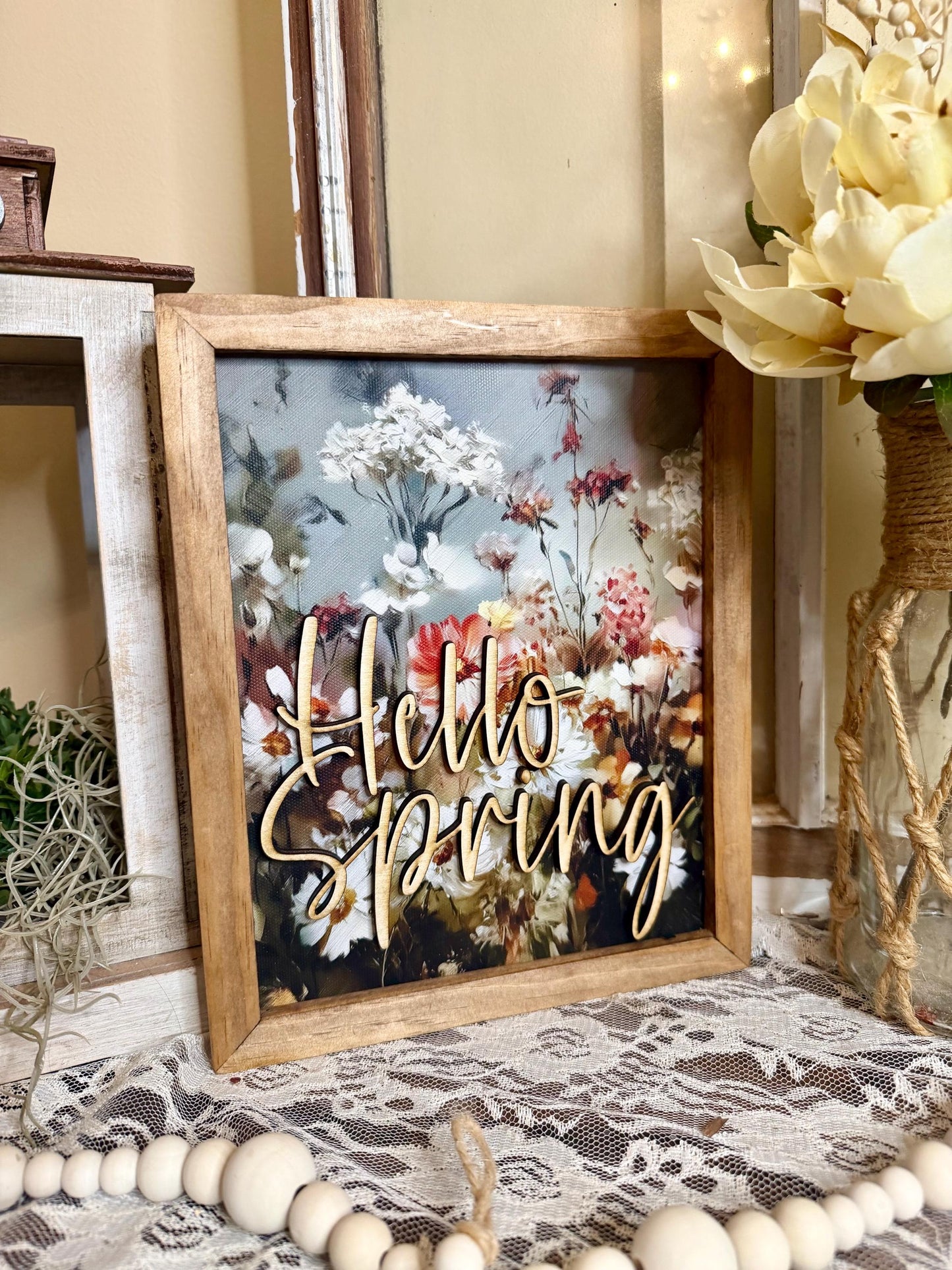 Wildflower Floral Wall Art Natural Wood Framed Canvas Art Rustic Farmhouse Flower Print Neutral Botanical Home Decor