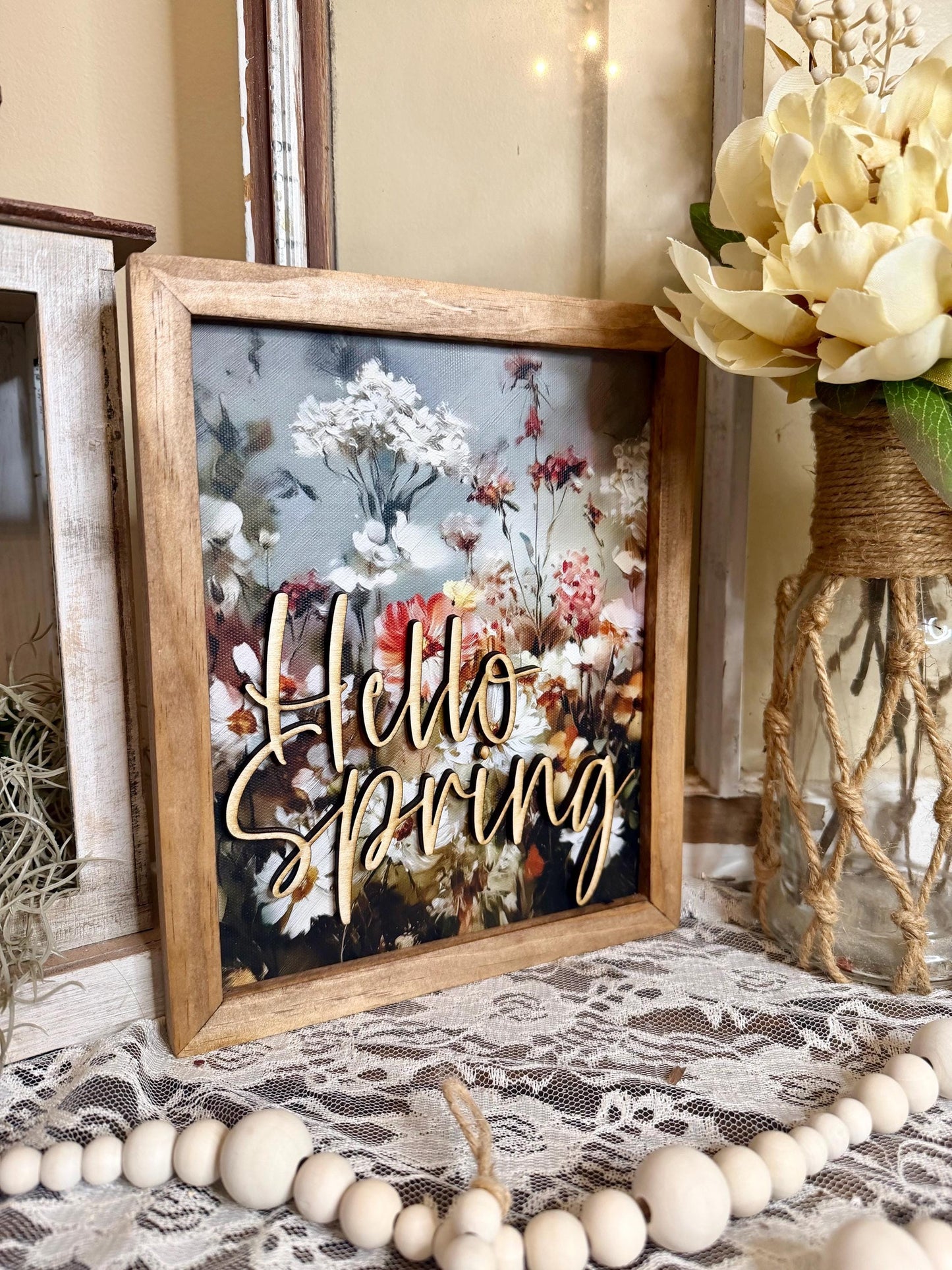 Wildflower Floral Wall Art Natural Wood Framed Canvas Art Rustic Farmhouse Flower Print Neutral Botanical Home Decor