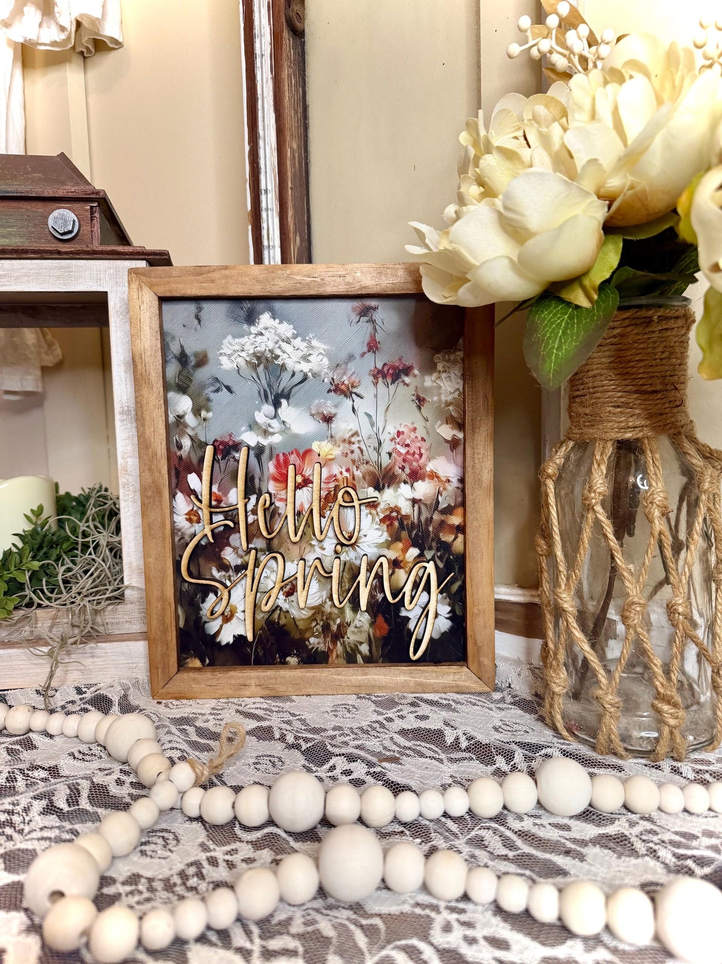 Wildflower Floral Wall Art Natural Wood Framed Canvas Art Rustic Farmhouse Flower Print Neutral Botanical Home Decor