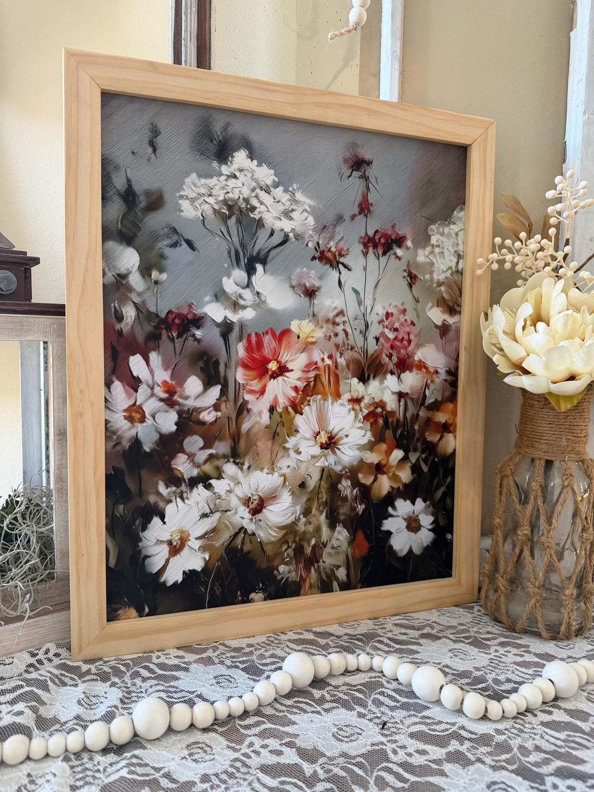 Wildflower Floral Wall Art Natural Wood Framed Canvas Art Rustic Farmhouse Flower Print Neutral Botanical Home Decor