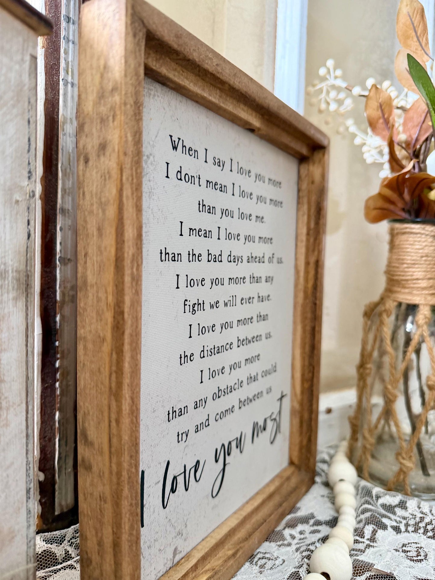 Farmhouse Love Quote Framed Canvas Sign | Rustic Wood Frame Romantic Wall Art | “I Love You Most” Relationship Quote Decor