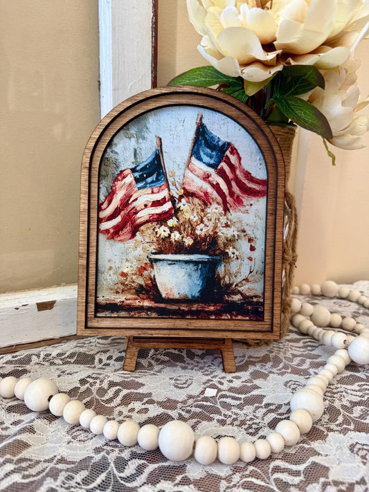 Patriotic Wood Framed Arch Canvas Art, American Flag Decor, Rustic Farmhouse 4th of July Home Accent, USA Flag Floral Art, Shelf Mantel Deco