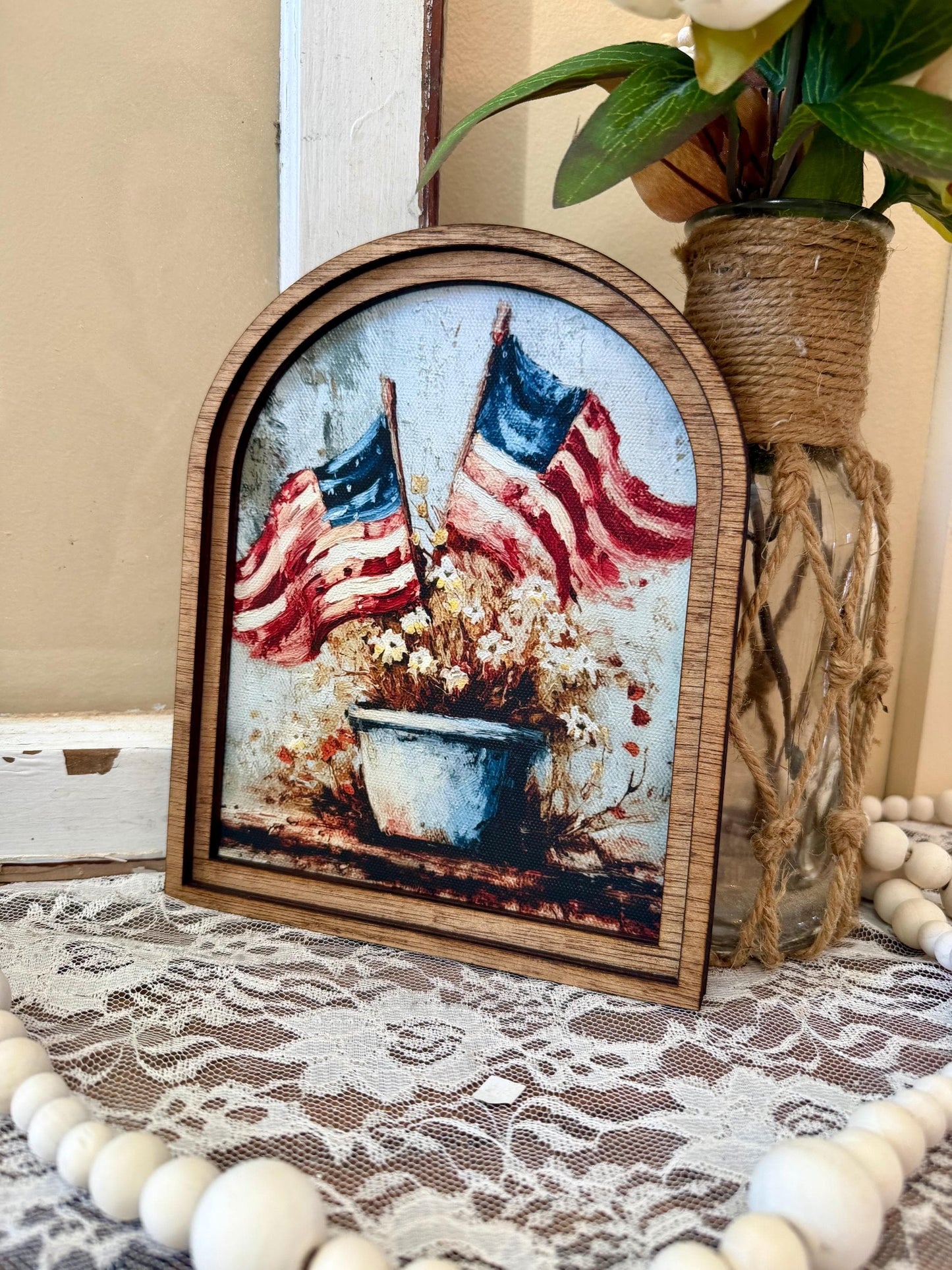 Patriotic Wood Framed Arch Canvas Art, American Flag Decor, Rustic Farmhouse 4th of July Home Accent, USA Flag Floral Art, Shelf Mantel Deco