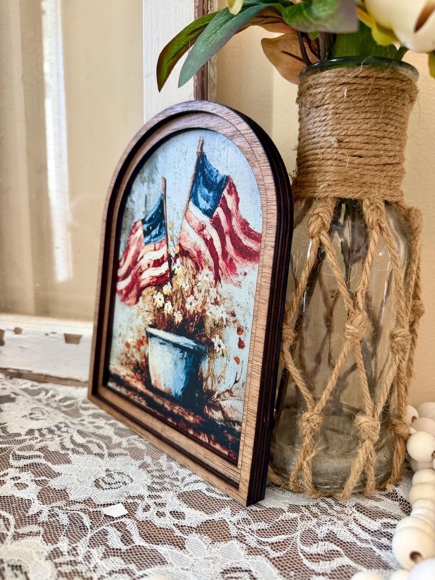 Patriotic Wood Framed Arch Canvas Art, American Flag Decor, Rustic Farmhouse 4th of July Home Accent, USA Flag Floral Art, Shelf Mantel Deco