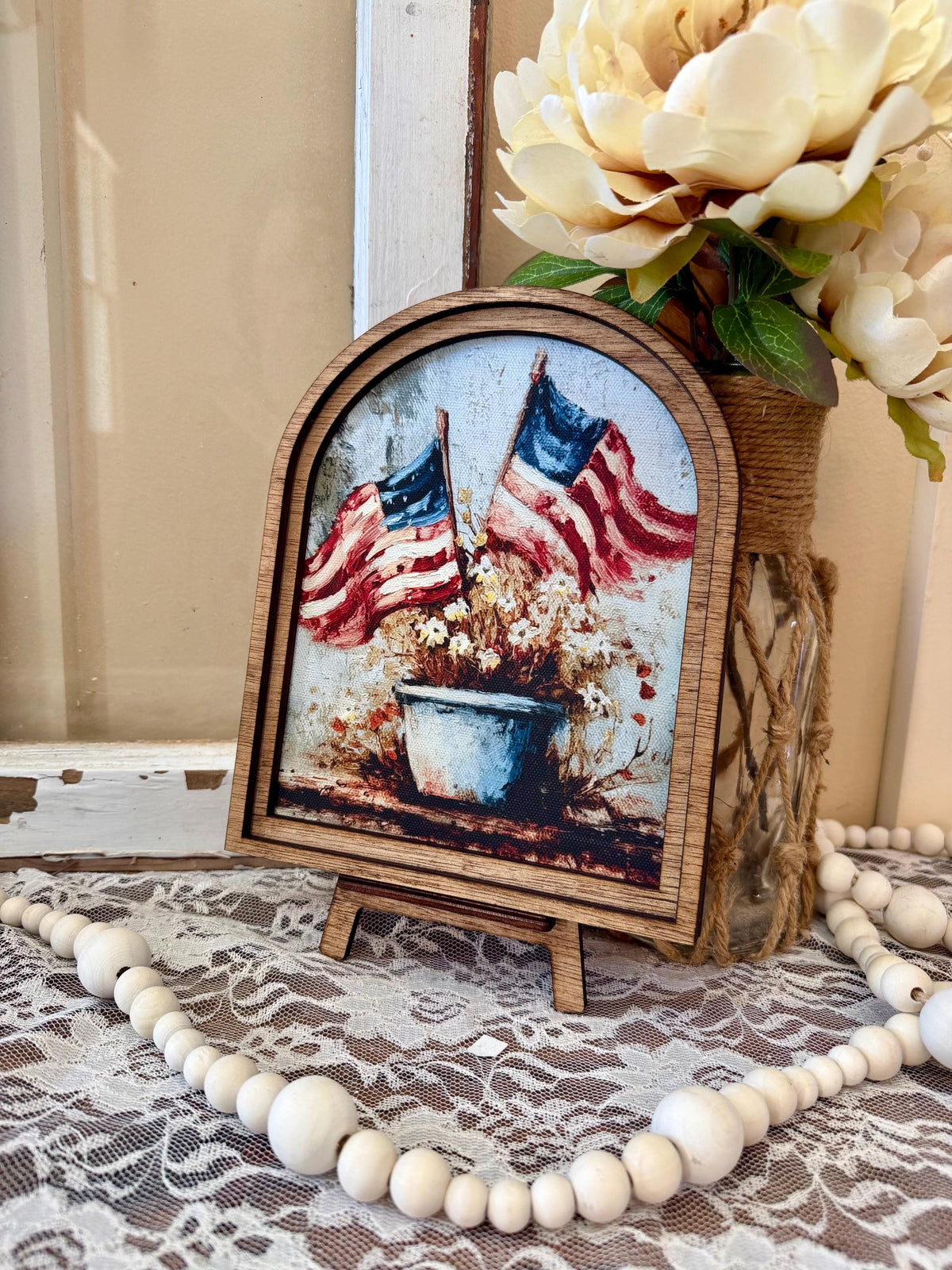 Patriotic Wood Framed Arch Canvas Art, American Flag Decor, Rustic Farmhouse 4th of July Home Accent, USA Flag Floral Art, Shelf Mantel Deco