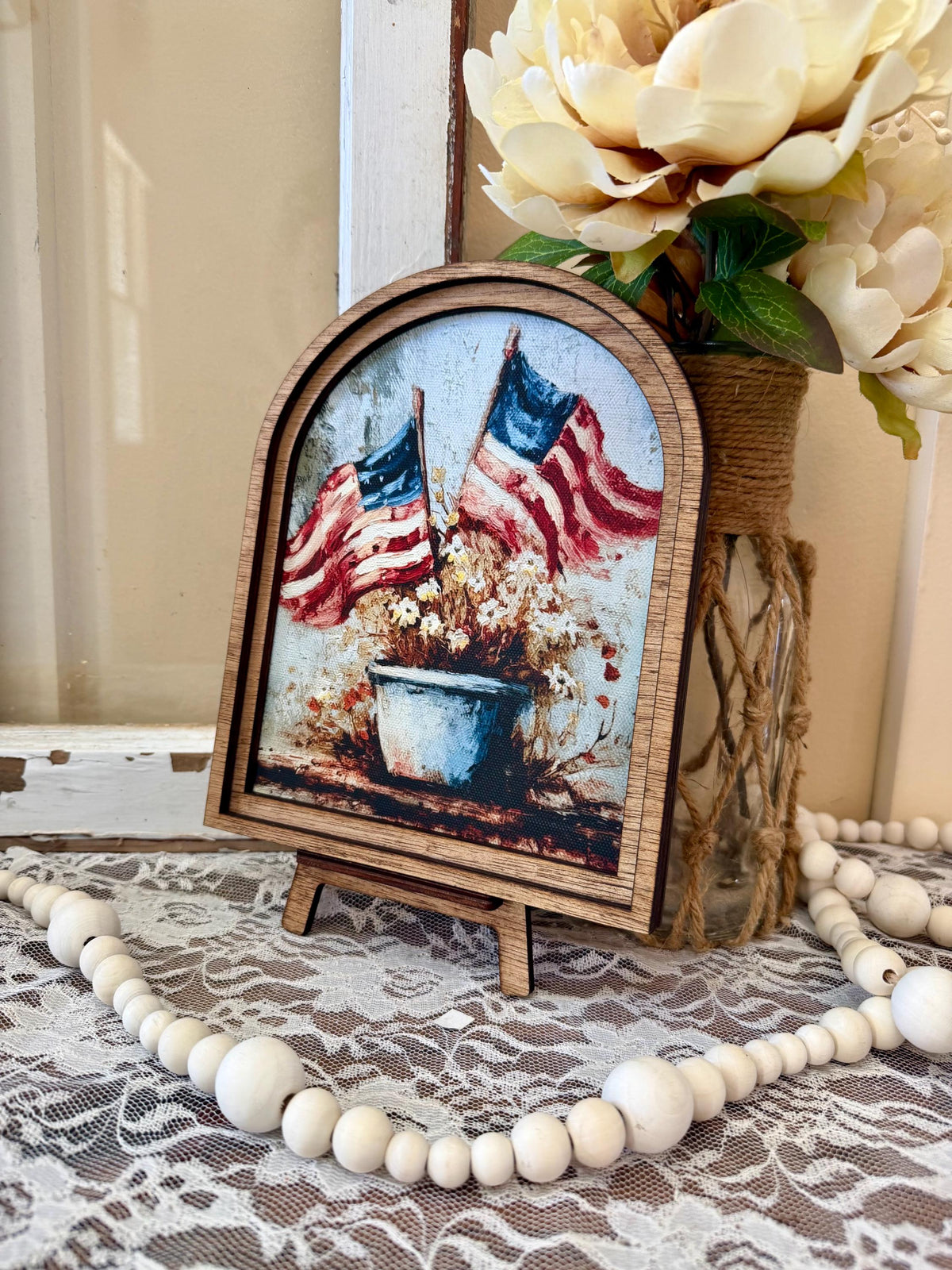 Patriotic Wood Framed Arch Canvas Art, American Flag Decor, Rustic Farmhouse 4th of July Home Accent, USA Flag Floral Art, Shelf Mantel Deco