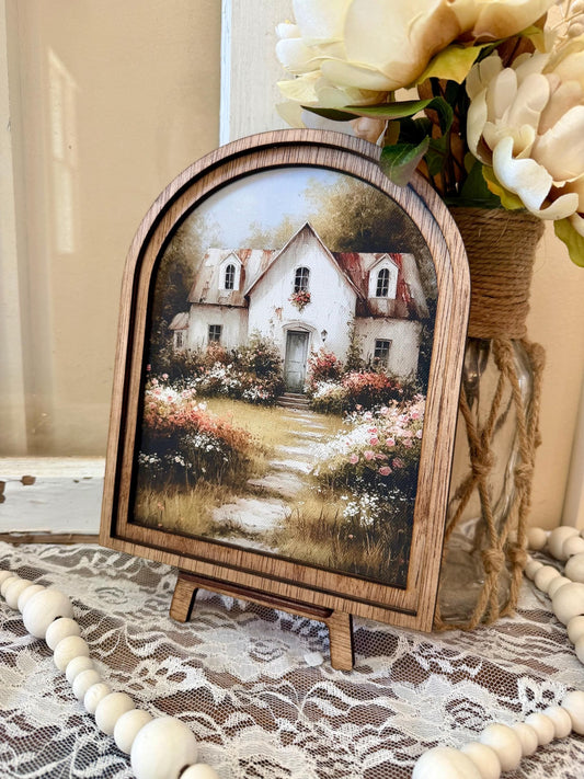 Farmhouse Arch Framed Canvas Sign, Rustic cottage Wall Art, Wooden Arch Frame Decor, Neutral Cottagecore Shelf Sitter