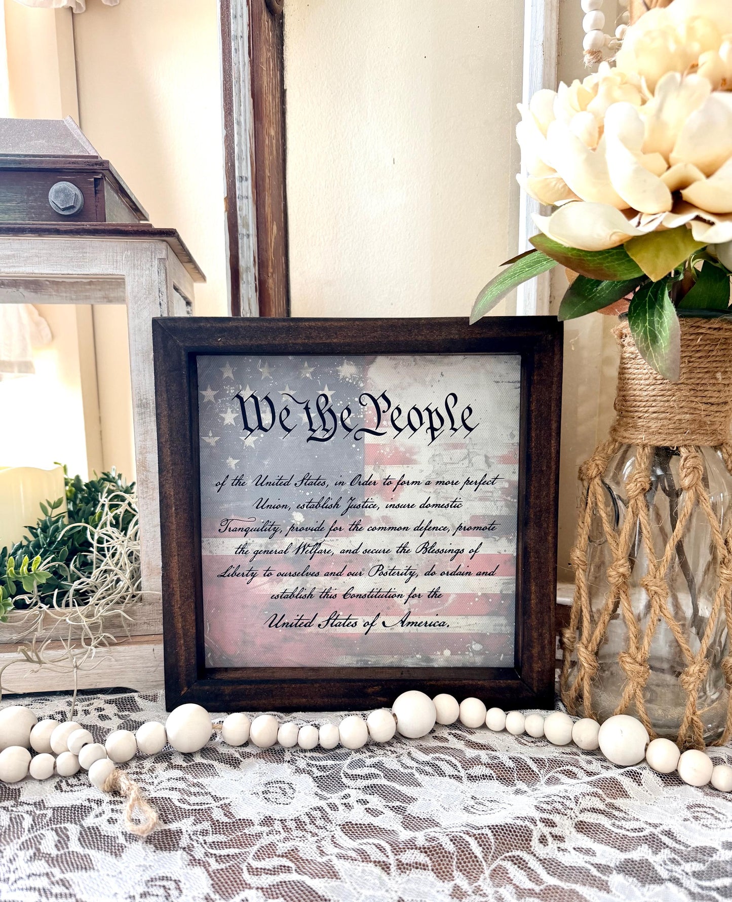Patriotic Wood Framed Sign, We The People Decor, Americana Farmhouse Sign, Fourth of July Shelf Decor, Rustic USA Home Decor
