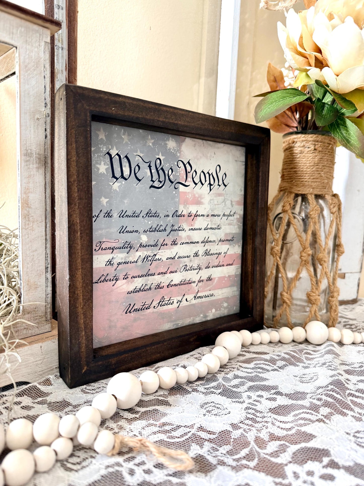 Patriotic Wood Framed Sign, We The People Decor, Americana Farmhouse Sign, Fourth of July Shelf Decor, Rustic USA Home Decor