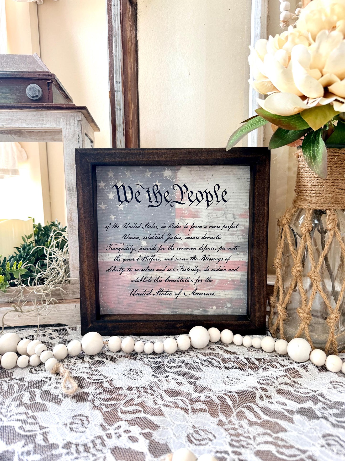 Patriotic Wood Framed Sign, We The People Decor, Americana Farmhouse Sign, Fourth of July Shelf Decor, Rustic USA Home Decor