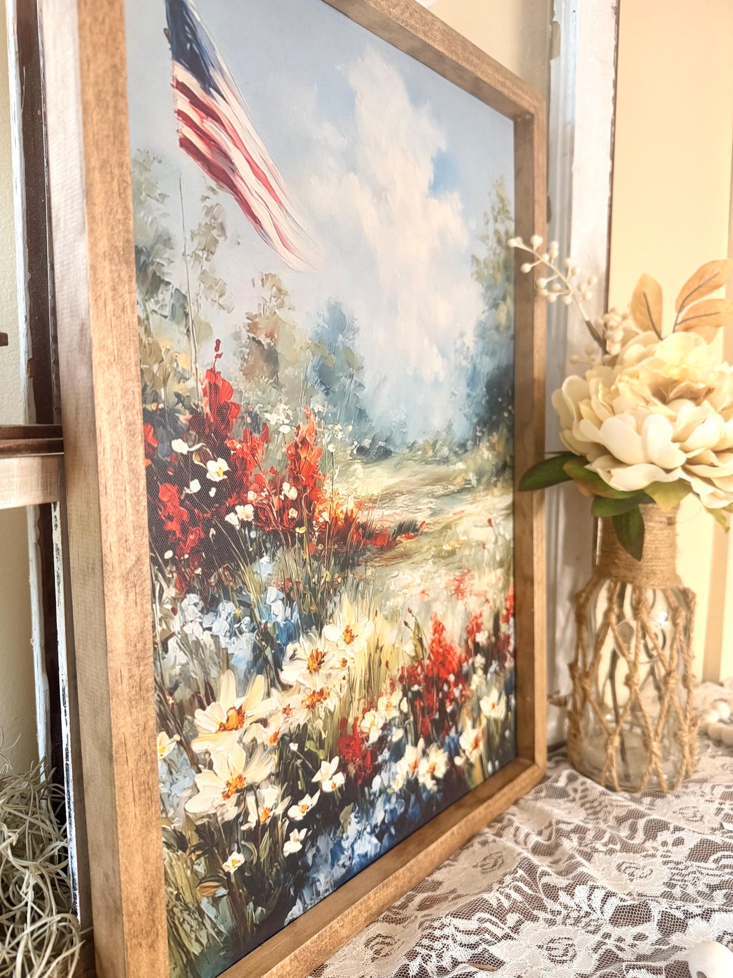 Patriotic Wood Framed Canvas Art, American Flag Floral Wall Decor, Rustic Americana Home Accent, Fourth of July Decor, Farmhouse Shelf Art