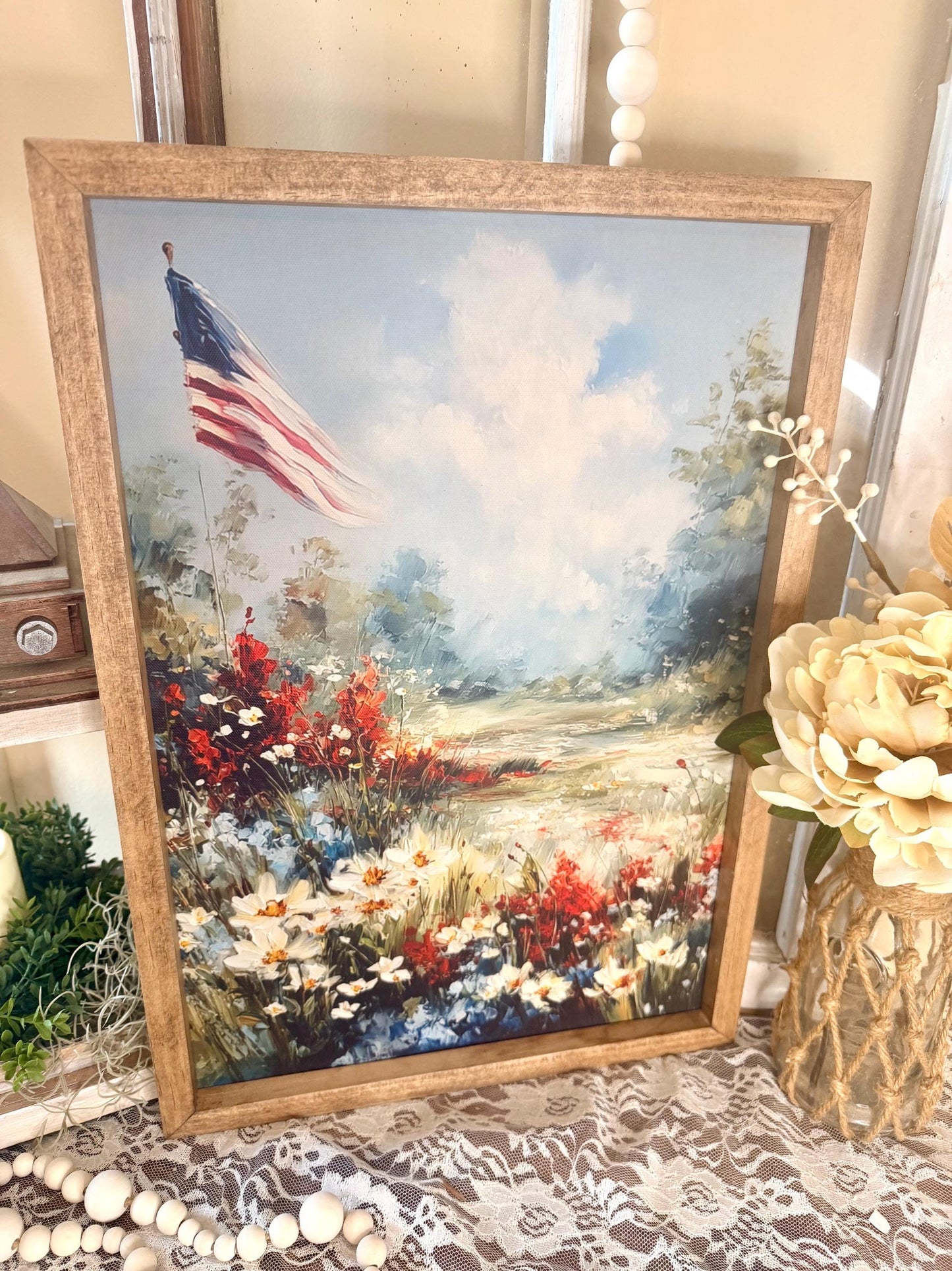 Patriotic Wood Framed Canvas Art, American Flag Floral Wall Decor, Rustic Americana Home Accent, Fourth of July Decor, Farmhouse Shelf Art