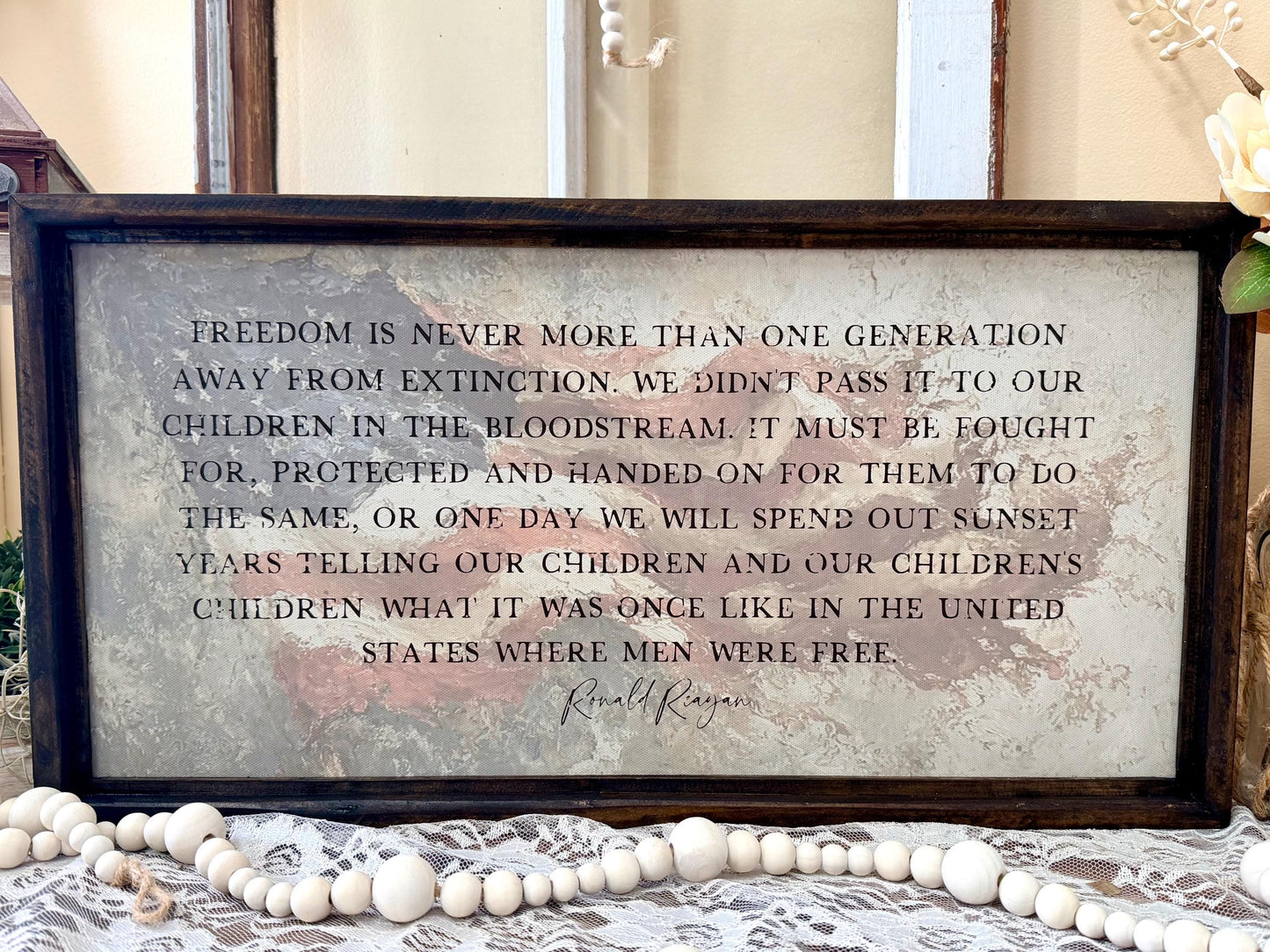 Patriotic Wood Framed Canvas Wall Art, Ronald Reagan Freedom Quote Sign, Americana Farmhouse Decor, Fourth of July Wall Plaque, USA wall art
