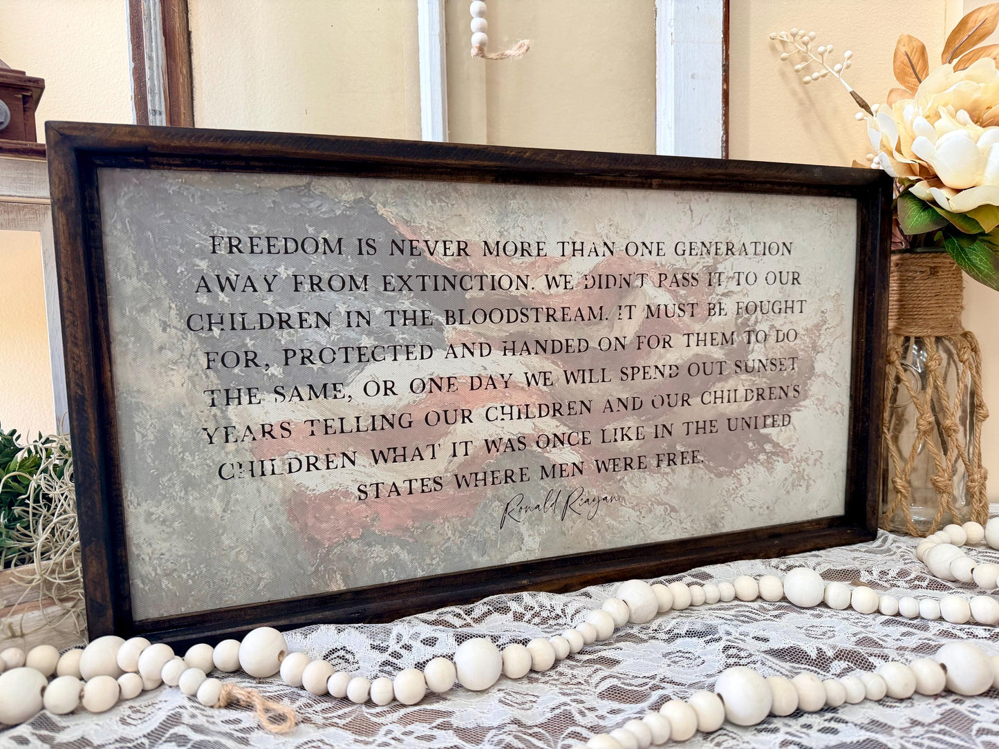 Patriotic Wood Framed Canvas Wall Art, Ronald Reagan Freedom Quote Sign, Americana Farmhouse Decor, Fourth of July Wall Plaque, USA wall art