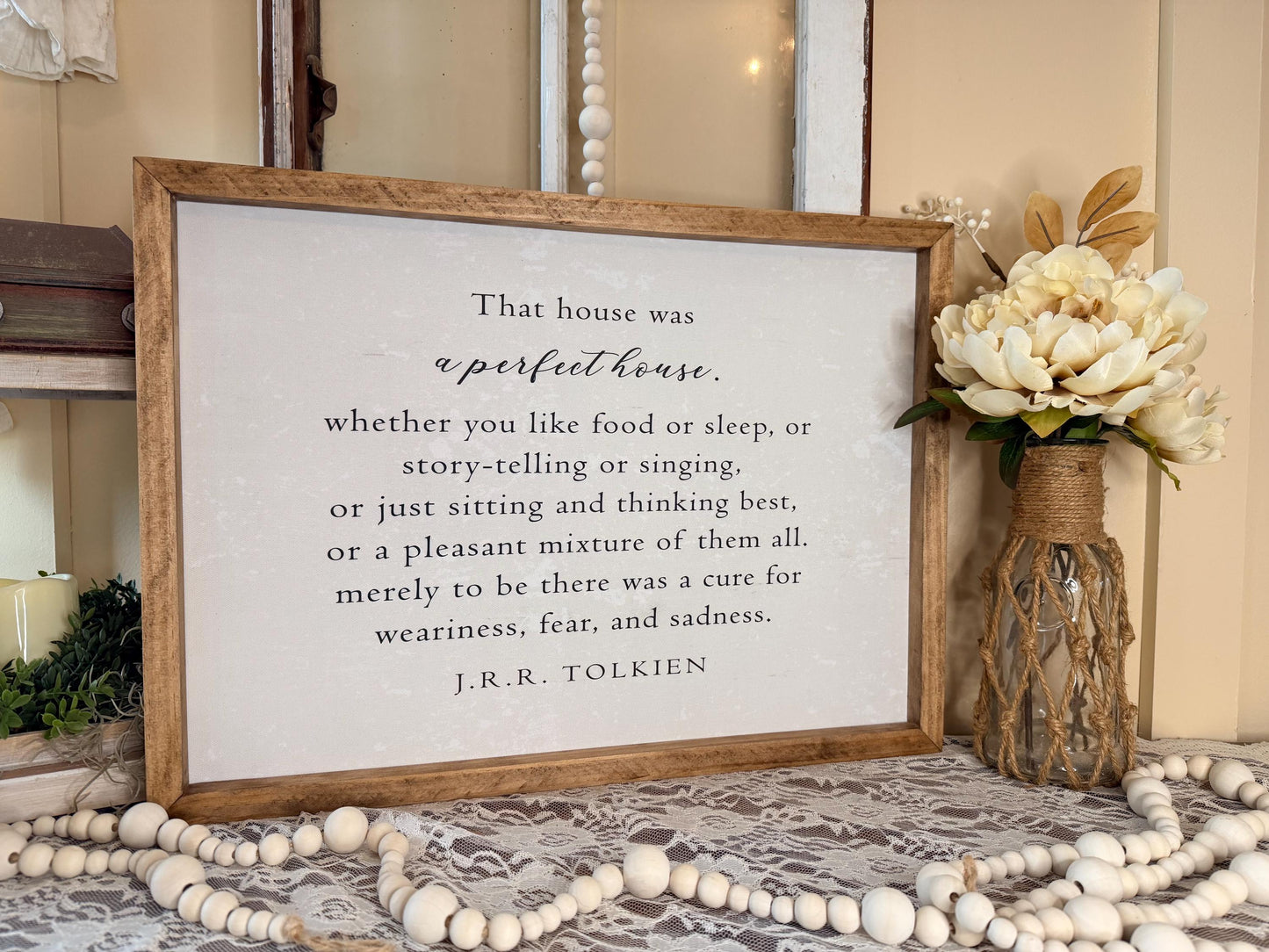 J.R.R. Tolkien Quote Wall Art, Handmade Wood Framed Canvas Sign, Farmhouse Neutral Home Decor, Literary Quote Plaque, Rustic Shelf Decor