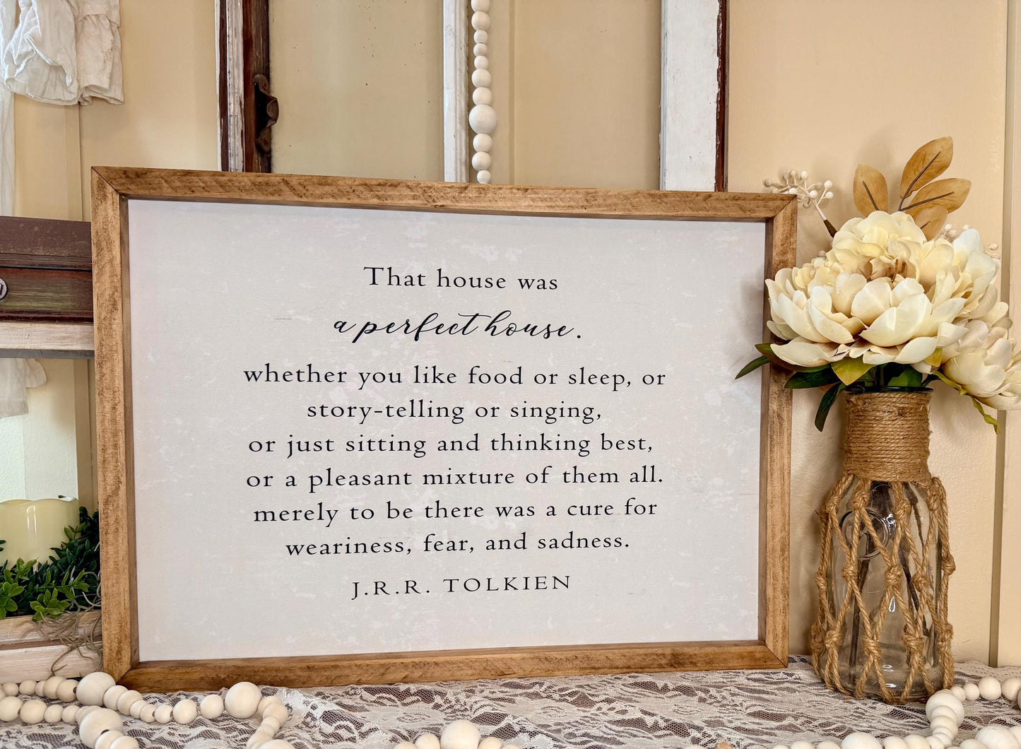 J.R.R. Tolkien Quote Wall Art, Handmade Wood Framed Canvas Sign, Farmhouse Neutral Home Decor, Literary Quote Plaque, Rustic Shelf Decor