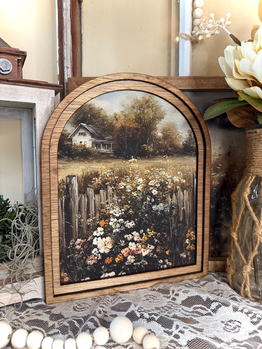 Farmhouse Arch Framed Canvas Sign, Rustic Wildflower Meadow Wall Art, Wooden Arch Frame Decor, Neutral Cottagecore Shelf Sitter