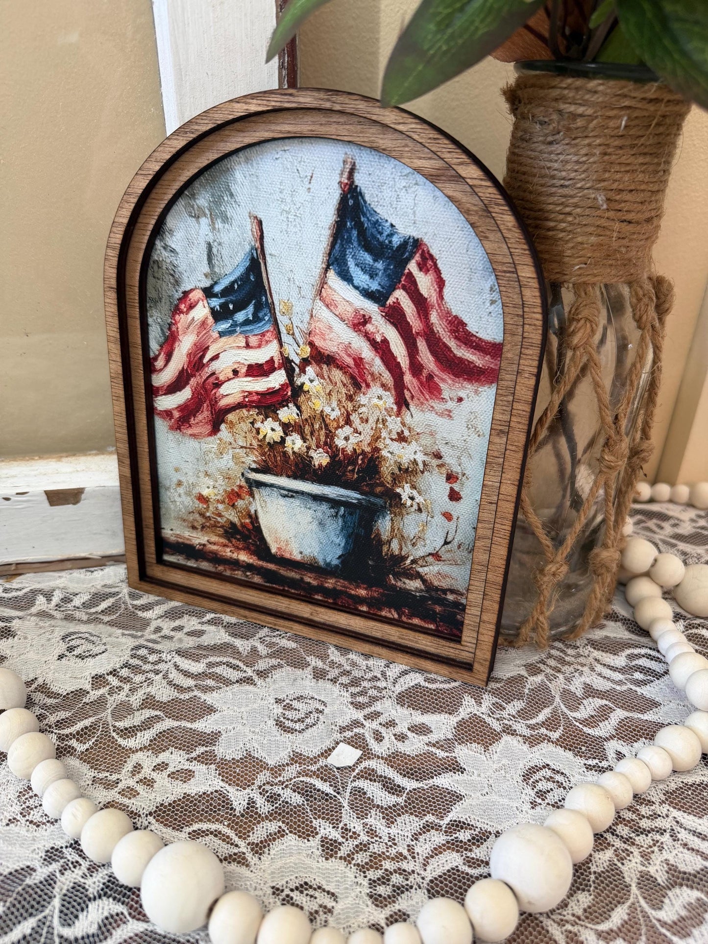 Patriotic Wood Framed Arch Canvas Art, American Flag Decor, Rustic Farmhouse 4th of July Home Accent, USA Flag Floral Art, Shelf Mantel Deco