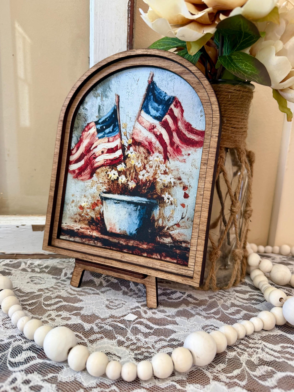 Patriotic Wood Framed Arch Canvas Art, American Flag Decor, Rustic Farmhouse 4th of July Home Accent, USA Flag Floral Art, Shelf Mantel Deco