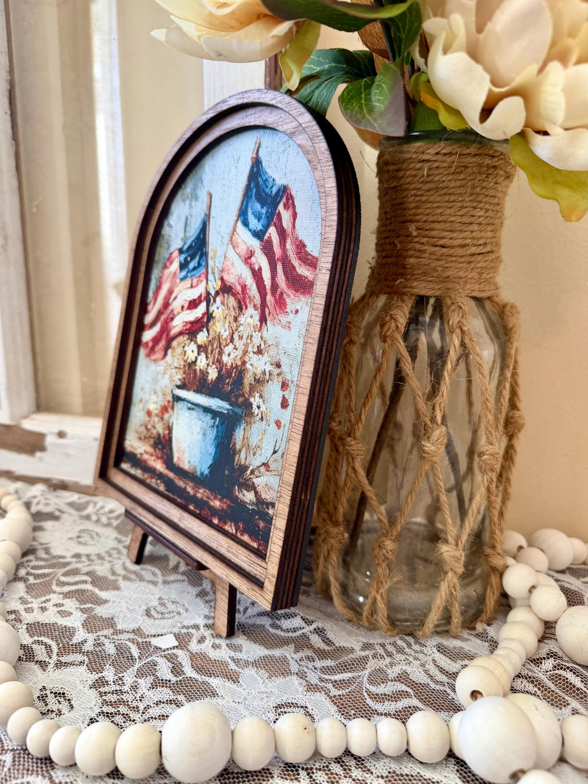 Patriotic Wood Framed Arch Canvas Art, American Flag Decor, Rustic Farmhouse 4th of July Home Accent, USA Flag Floral Art, Shelf Mantel Deco