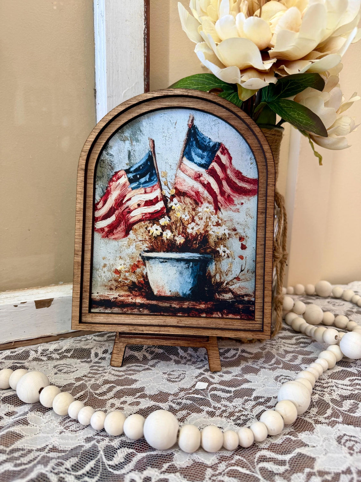 Patriotic Wood Framed Arch Canvas Art, American Flag Decor, Rustic Farmhouse 4th of July Home Accent, USA Flag Floral Art, Shelf Mantel Deco