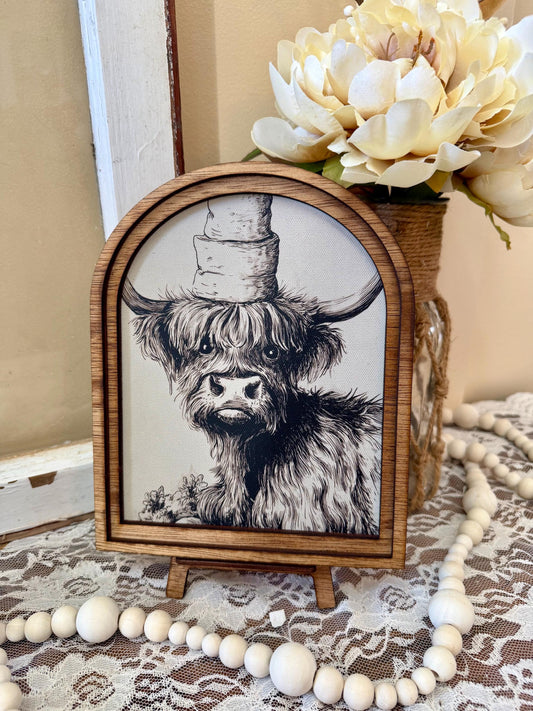 Highland Cow Arch Framed Canvas Art, Farmhouse Shelf Decor, Rustic Cow Print, Country Cottage Home Accent, Small Arched Wood Sign