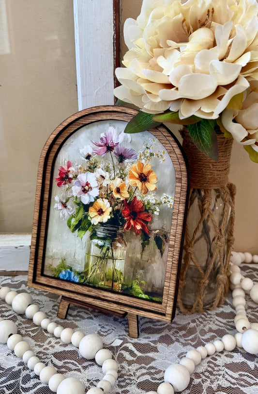 Farmhouse Arch Framed Canvas Sign, Rustic Wildflower mason jar Wall Art, Wooden Arch Frame Decor, Neutral Cottagecore Shelf Sitter
