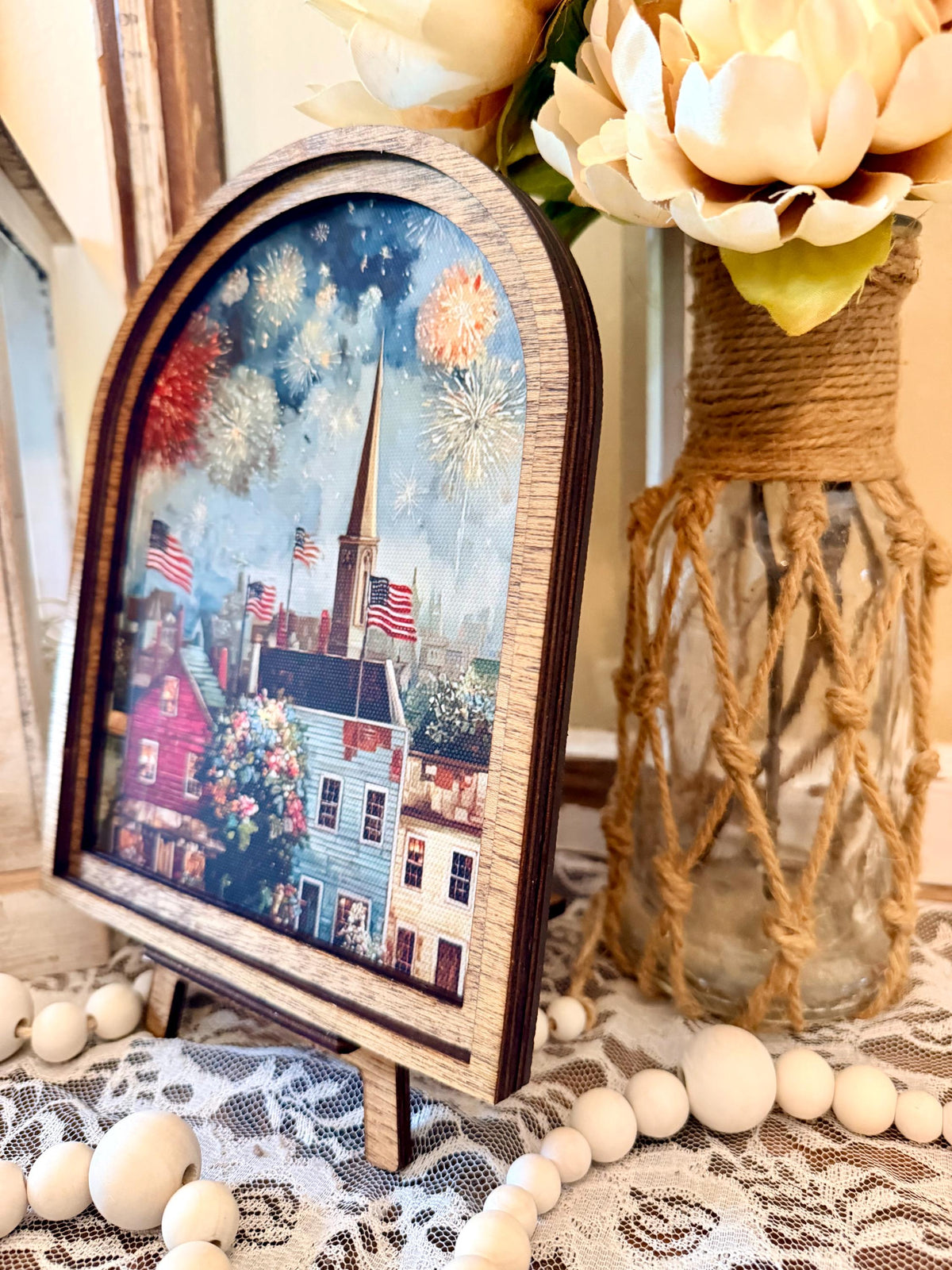 Patriotic Americana Arched Wood Frame Canvas Art | 4th of July Fireworks Town Scene | Rustic Farmhouse Shelf Sitter | Independence Day Home