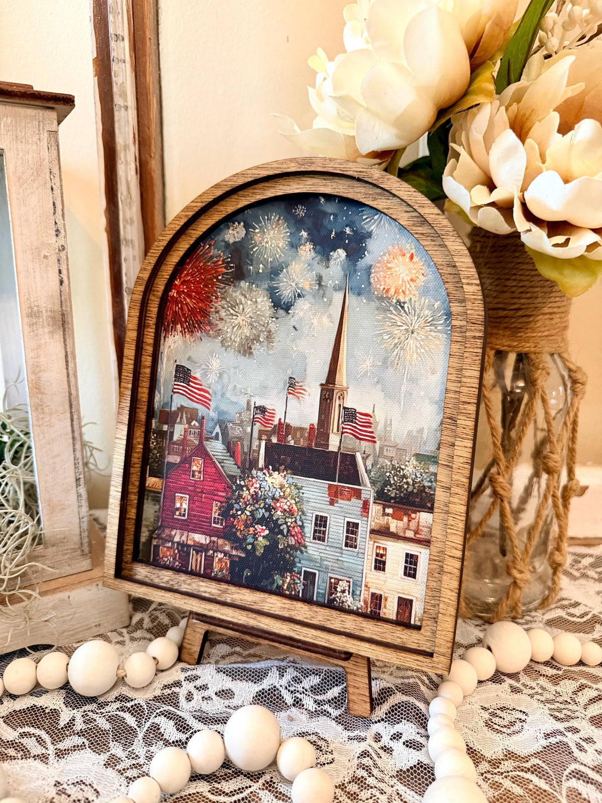 Patriotic Americana Arched Wood Frame Canvas Art | 4th of July Fireworks Town Scene | Rustic Farmhouse Shelf Sitter | Independence Day Home