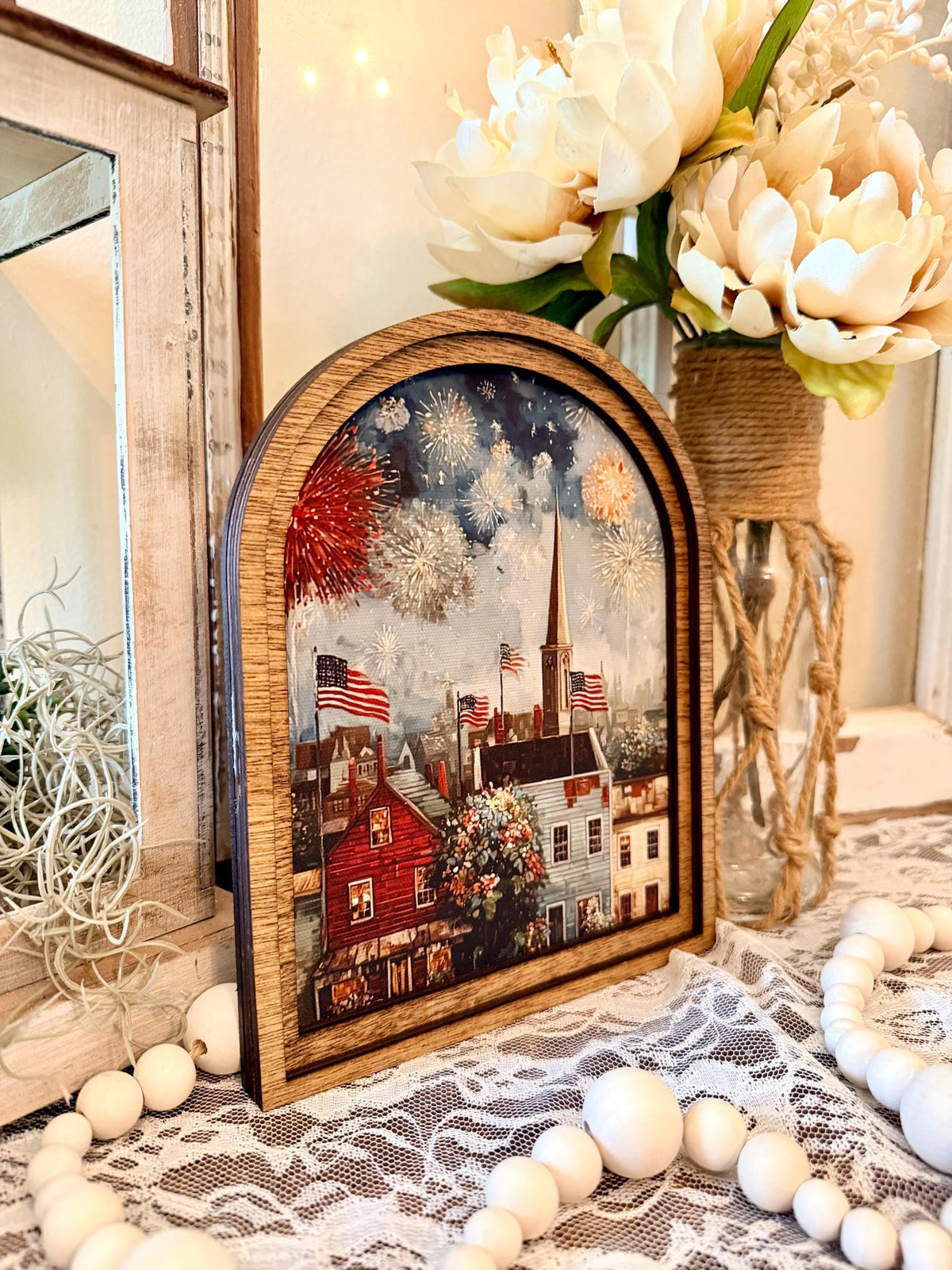 Patriotic Americana Arched Wood Frame Canvas Art | 4th of July Fireworks Town Scene | Rustic Farmhouse Shelf Sitter | Independence Day Home