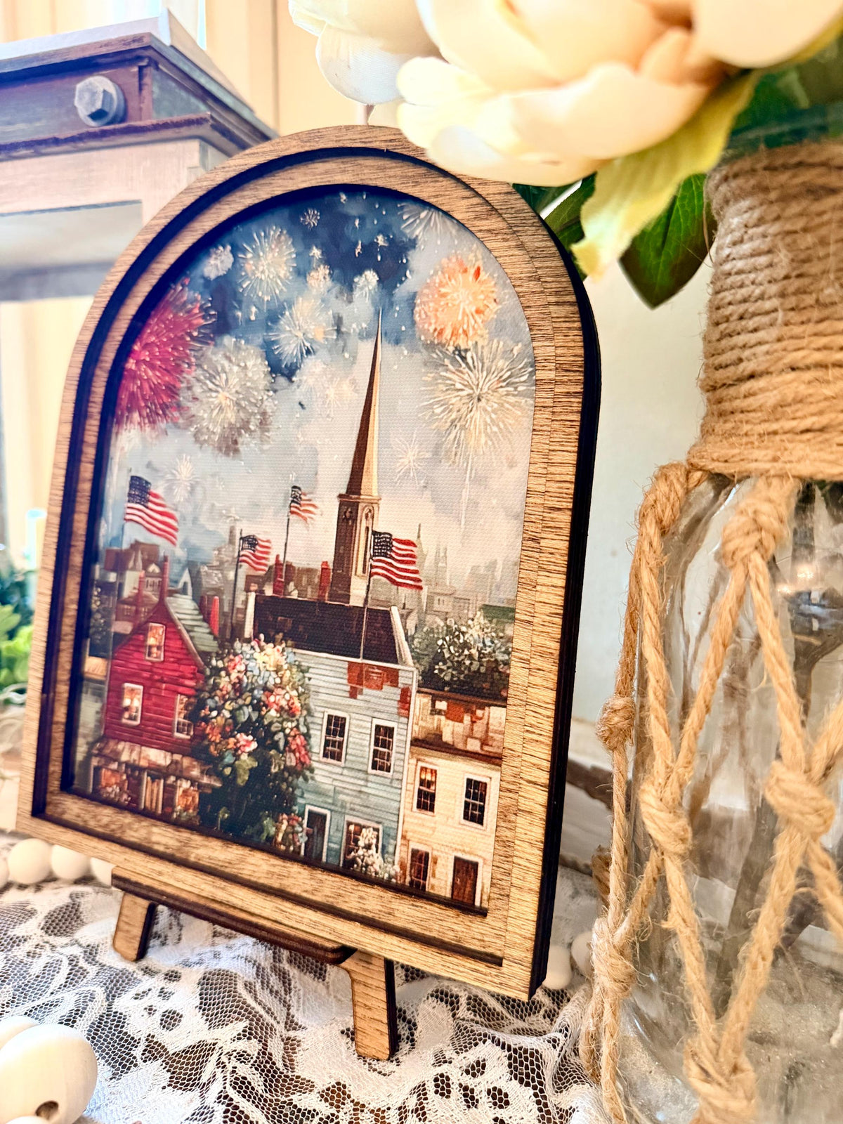 Patriotic Americana Arched Wood Frame Canvas Art | 4th of July Fireworks Town Scene | Rustic Farmhouse Shelf Sitter | Independence Day Home