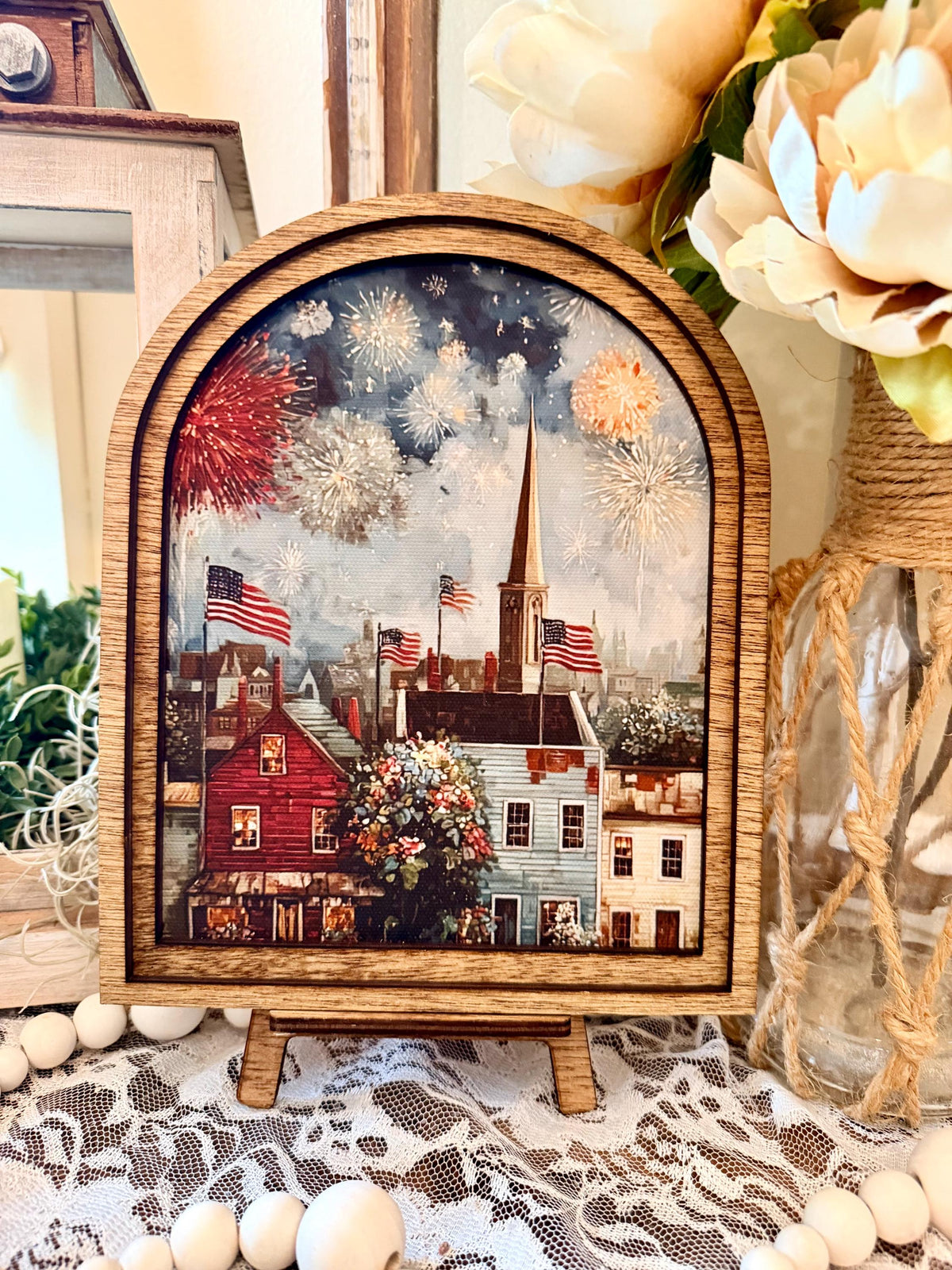 Patriotic Americana Arched Wood Frame Canvas Art | 4th of July Fireworks Town Scene | Rustic Farmhouse Shelf Sitter | Independence Day Home