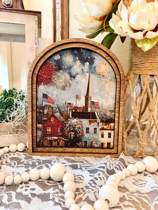 Patriotic Americana Arched Wood Frame Canvas Art | 4th of July Fireworks Town Scene | Rustic Farmhouse Shelf Sitter | Independence Day Home