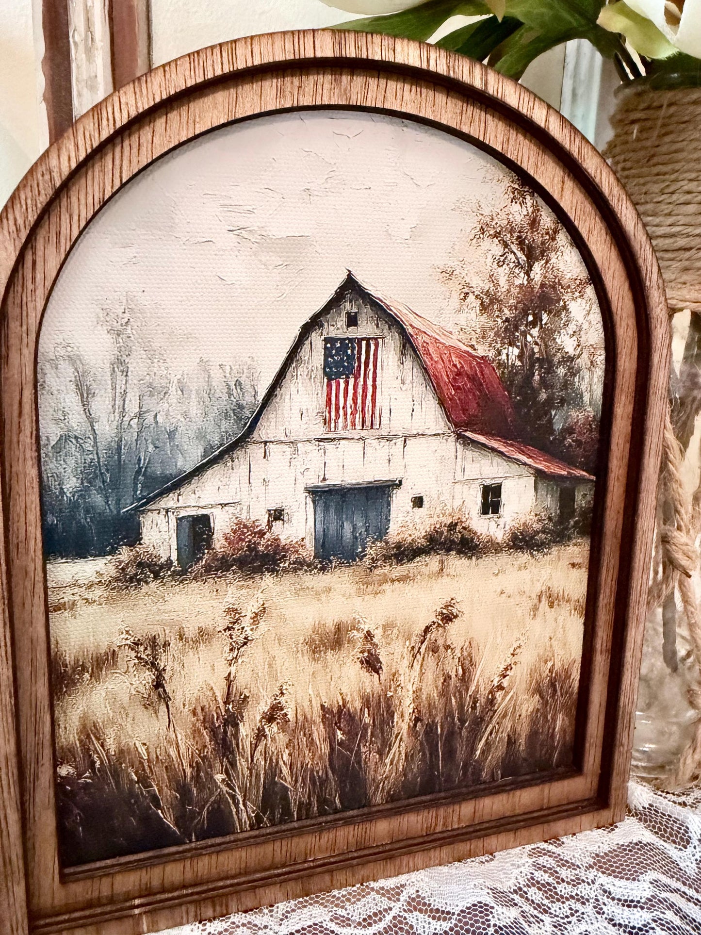 Patriotic Farmhouse Arched Wood Frame Canvas Art | American Flag Barn Shelf Sitter | Rustic 4th of July Home Accent | Tiered Tray Decor
