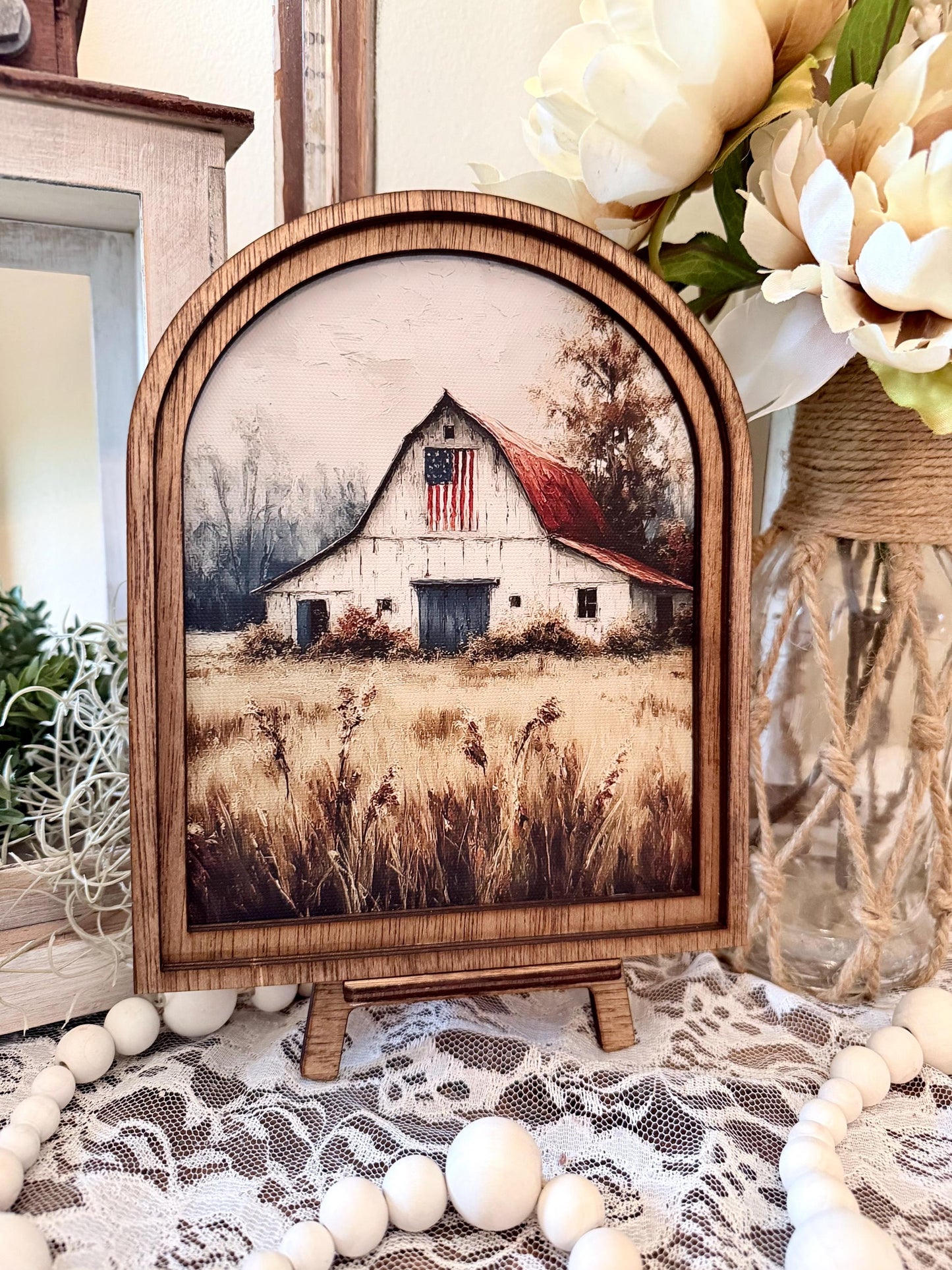 Patriotic Farmhouse Arched Wood Frame Canvas Art | American Flag Barn Shelf Sitter | Rustic 4th of July Home Accent | Tiered Tray Decor