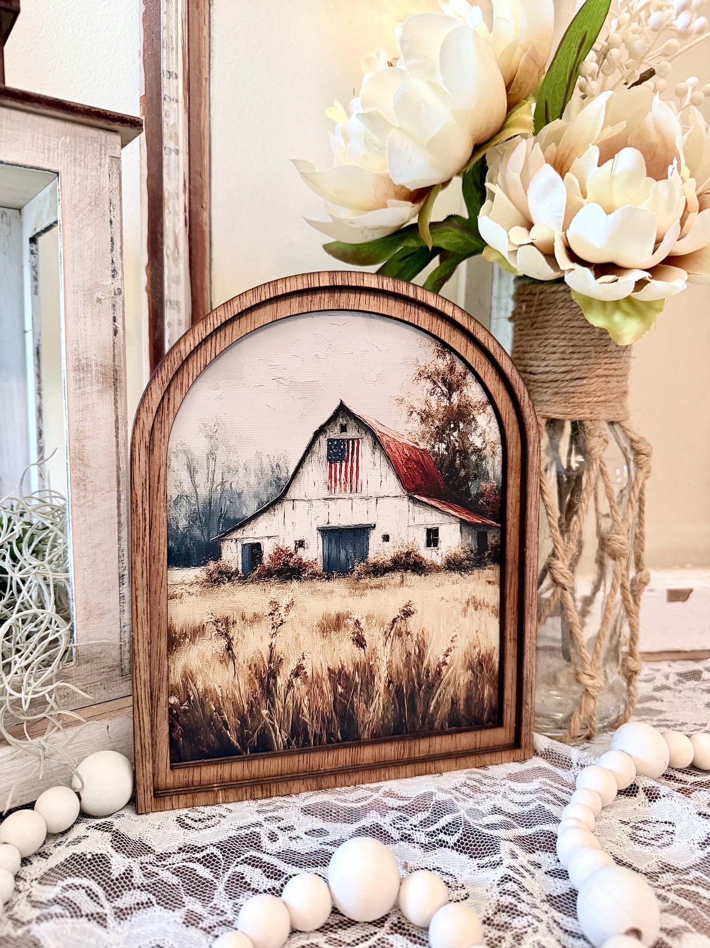 Patriotic Farmhouse Arched Wood Frame Canvas Art | American Flag Barn Shelf Sitter | Rustic 4th of July Home Accent | Tiered Tray Decor