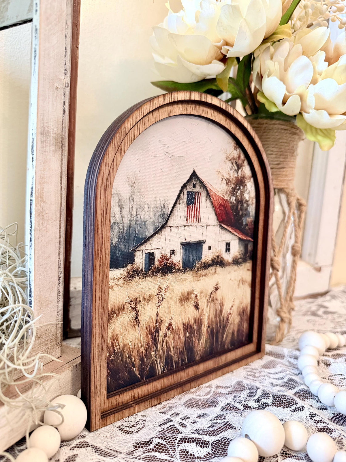 Patriotic Farmhouse Arched Wood Frame Canvas Art | American Flag Barn Shelf Sitter | Rustic 4th of July Home Accent | Tiered Tray Decor