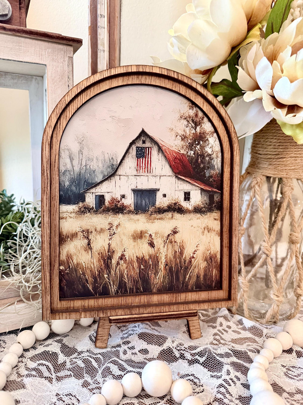 Patriotic Farmhouse Arched Wood Frame Canvas Art | American Flag Barn Shelf Sitter | Rustic 4th of July Home Accent | Tiered Tray Decor