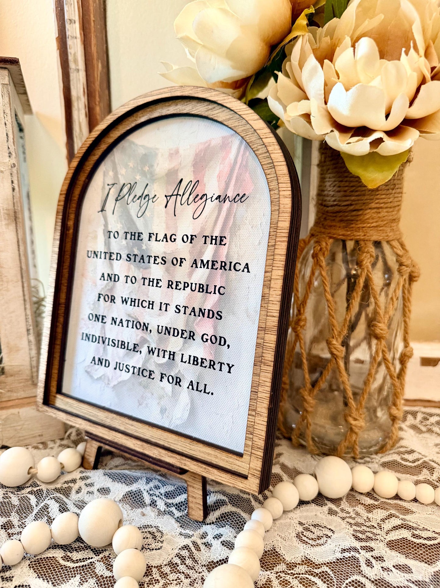 Handmade Arched Wood Frame Pledge of Allegiance Sign | Patriotic Farmhouse Shelf Decor | American Flag Home Accent | 4th of July Gift