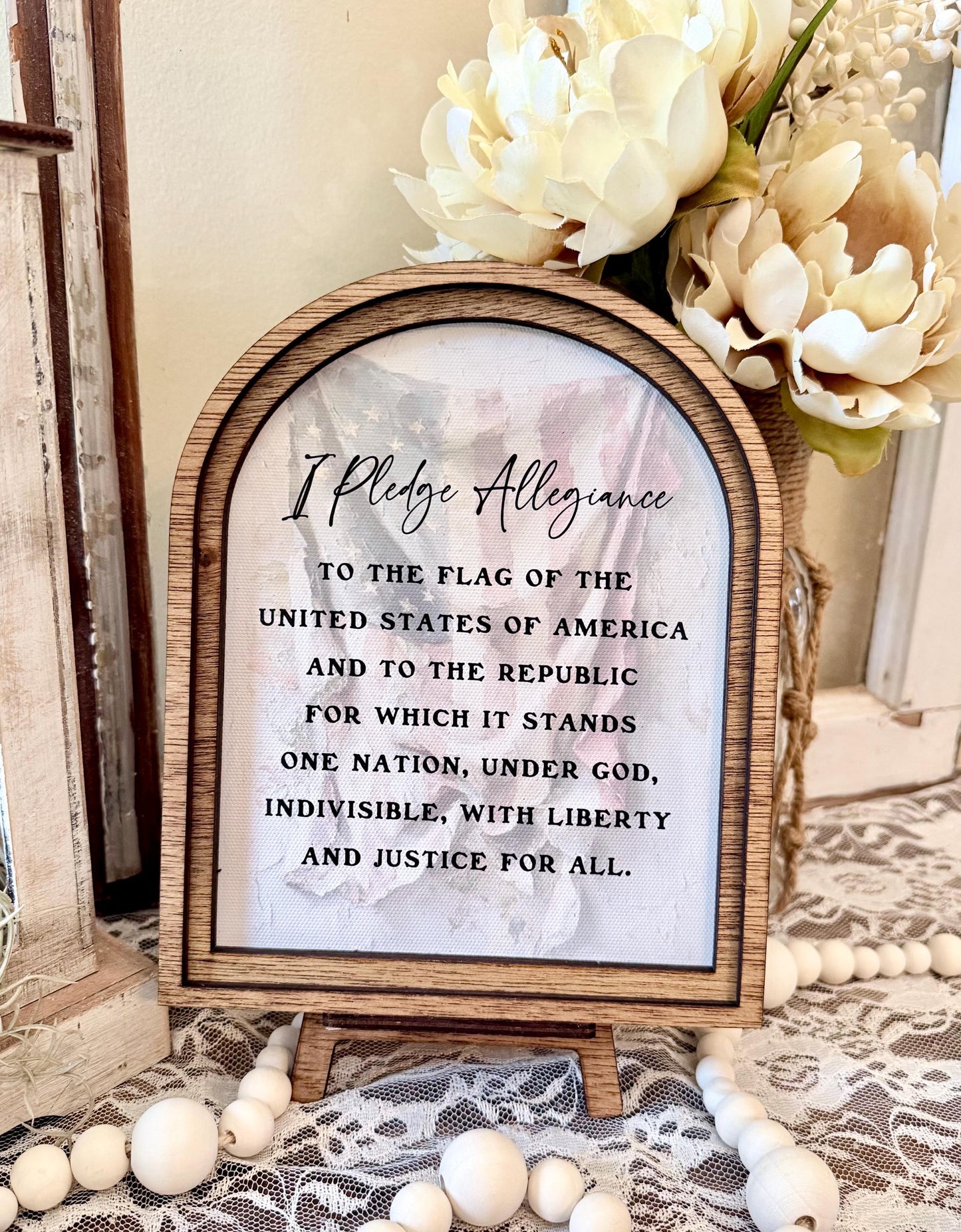 Handmade Arched Wood Frame Pledge of Allegiance Sign | Patriotic Farmhouse Shelf Decor | American Flag Home Accent | 4th of July Gift