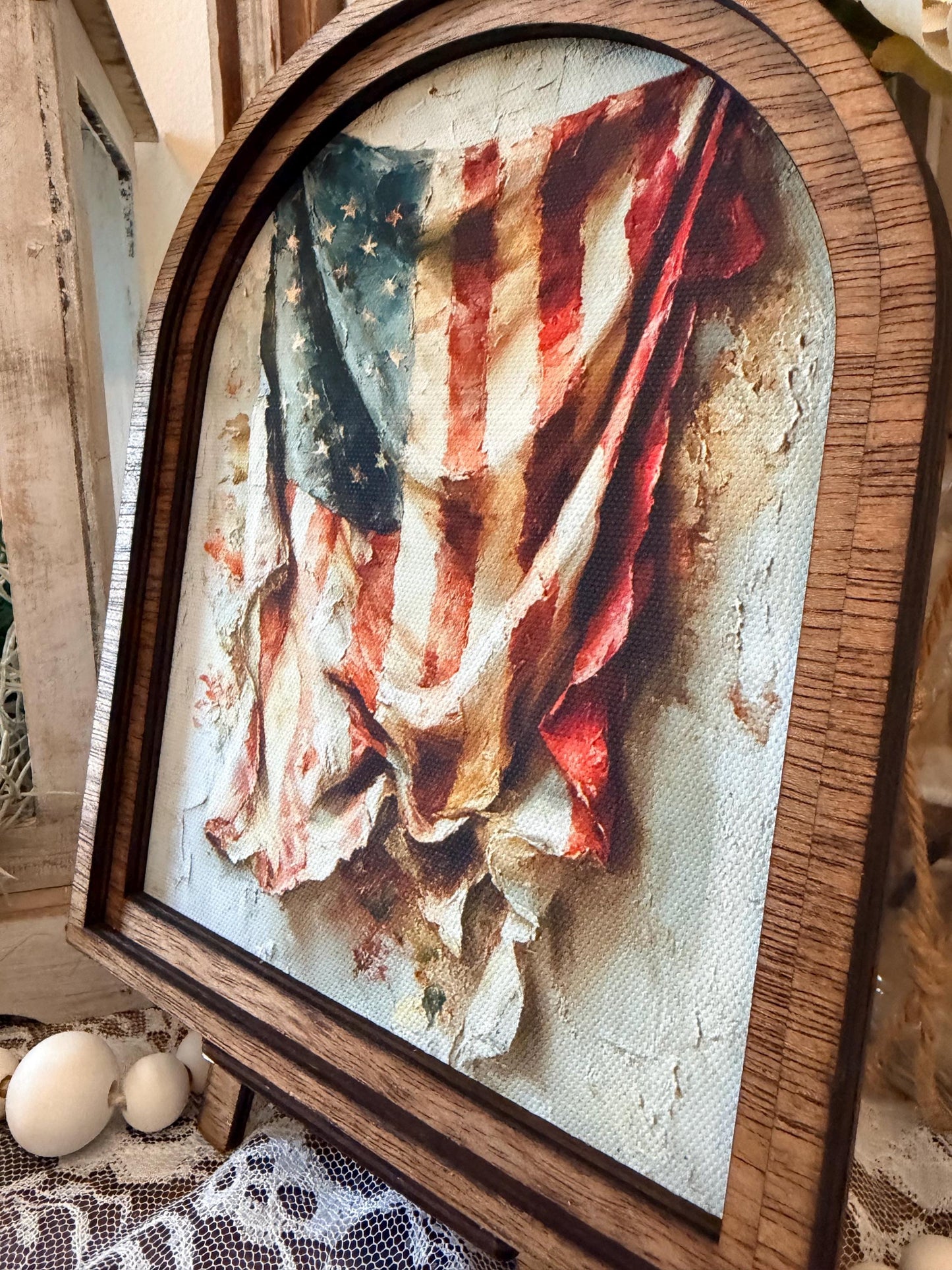 Patriotic Americana Arched Wood Frame Canvas Art | 4th of July American Flag | Rustic Farmhouse Shelf Sitter | Independence Day Home