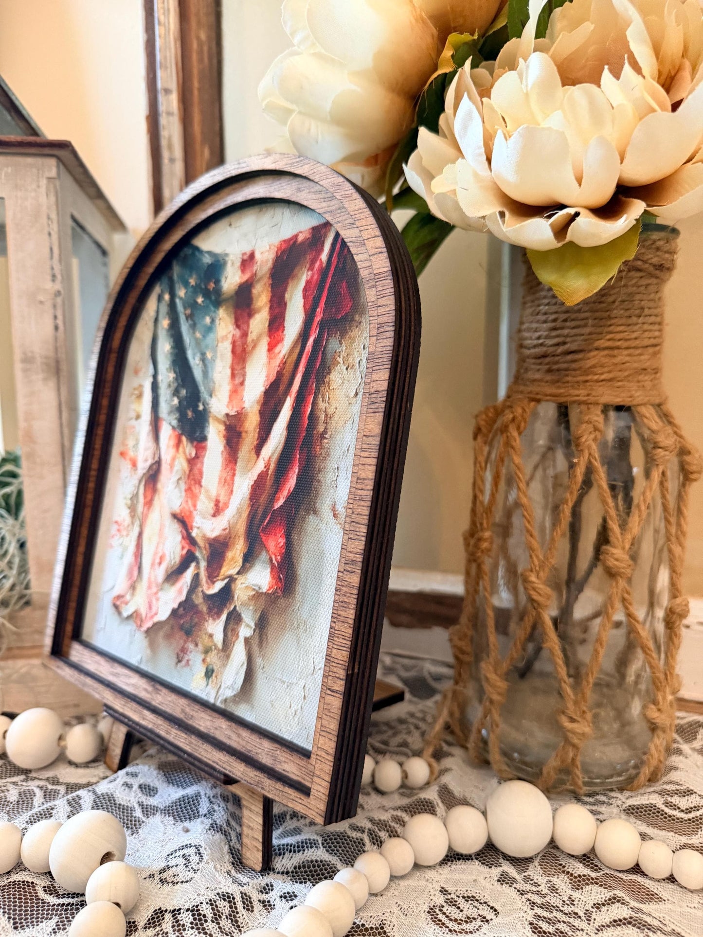 Patriotic Americana Arched Wood Frame Canvas Art | 4th of July American Flag | Rustic Farmhouse Shelf Sitter | Independence Day Home
