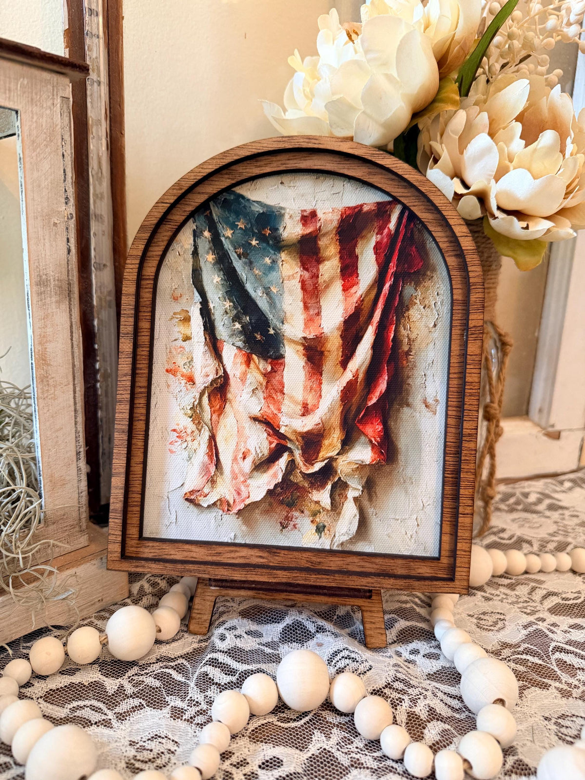 Patriotic Americana Arched Wood Frame Canvas Art | 4th of July American Flag | Rustic Farmhouse Shelf Sitter | Independence Day Home