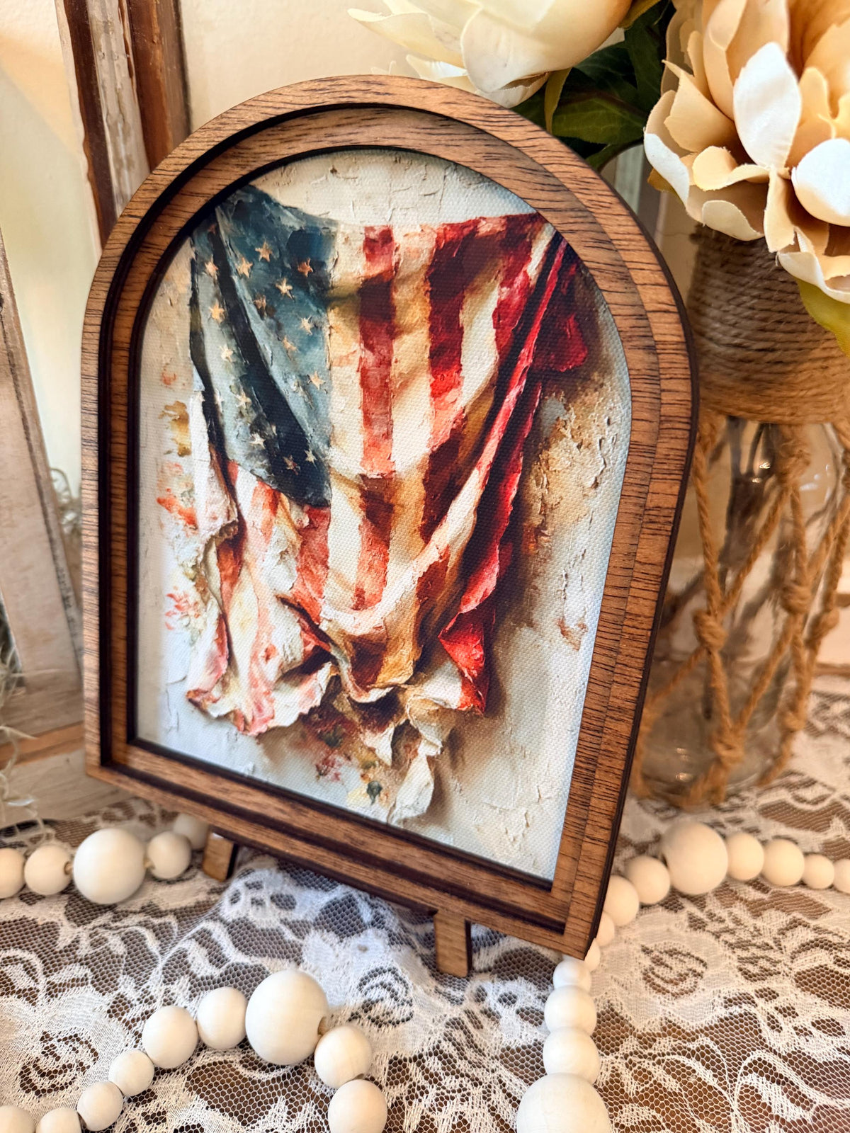 Patriotic Americana Arched Wood Frame Canvas Art | 4th of July American Flag | Rustic Farmhouse Shelf Sitter | Independence Day Home