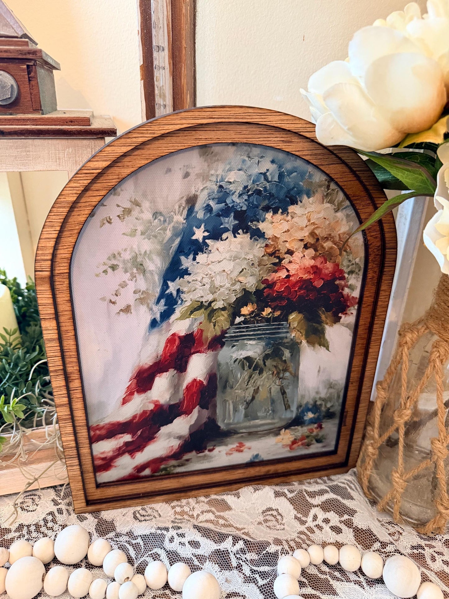 Patriotic Arch Frame Sign | American Flag Mason Jar Floral | Farmhouse 4th of July Decor | Wood Arched Tiered Tray Sign | Memorial Day Home