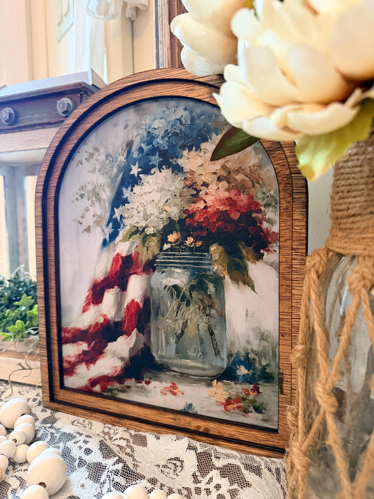 Patriotic Arch Frame Sign | American Flag Mason Jar Floral | Farmhouse 4th of July Decor | Wood Arched Tiered Tray Sign | Memorial Day Home