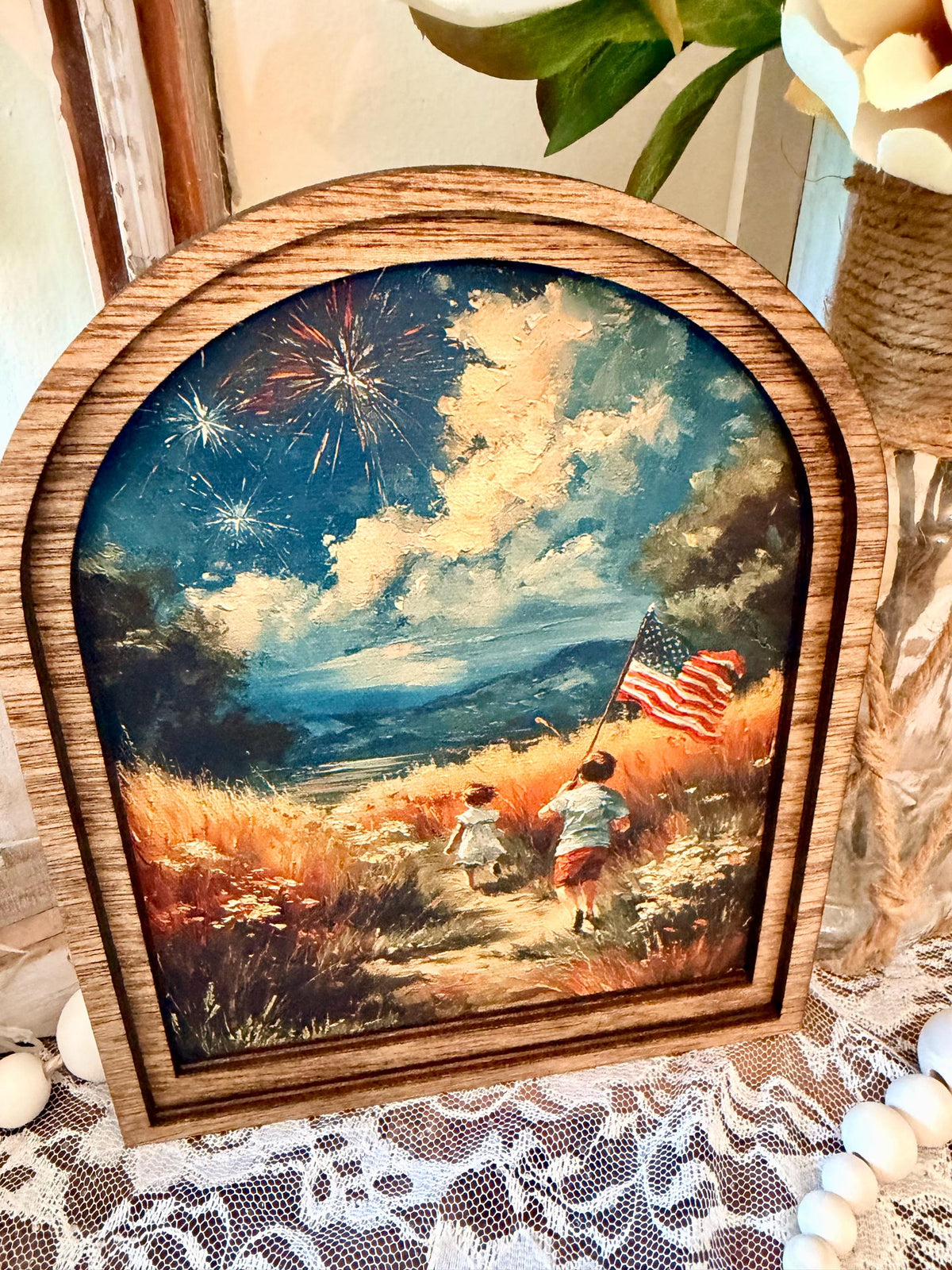 Patriotic Arched Wood Frame Shelf Sitter | 4th of July Farmhouse Americana Decor | Children Flag Art
