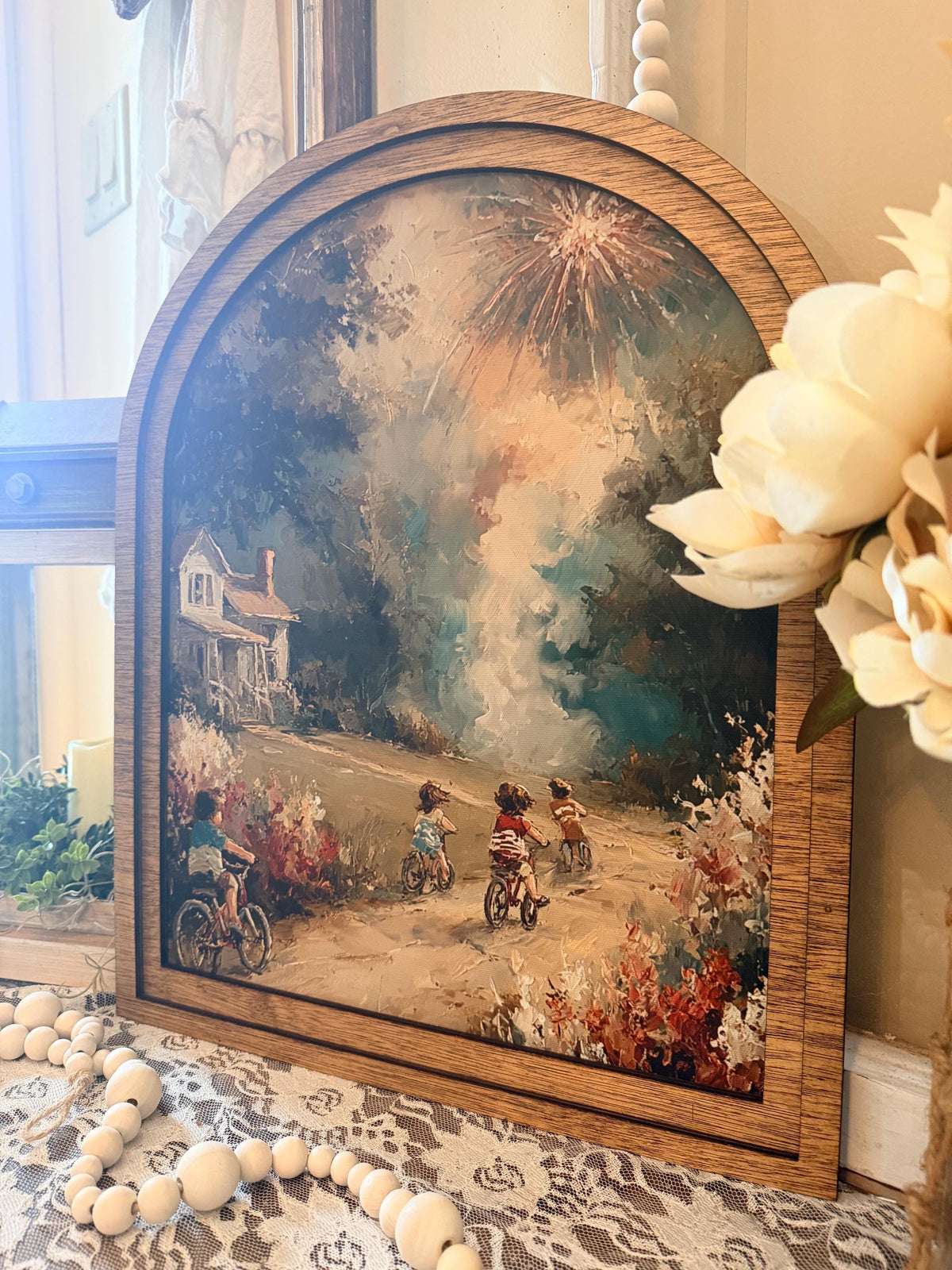 Patriotic Arched Wood Frame Shelf Sitter | 4th of July Farmhouse Americana Decor | Children Flag Art