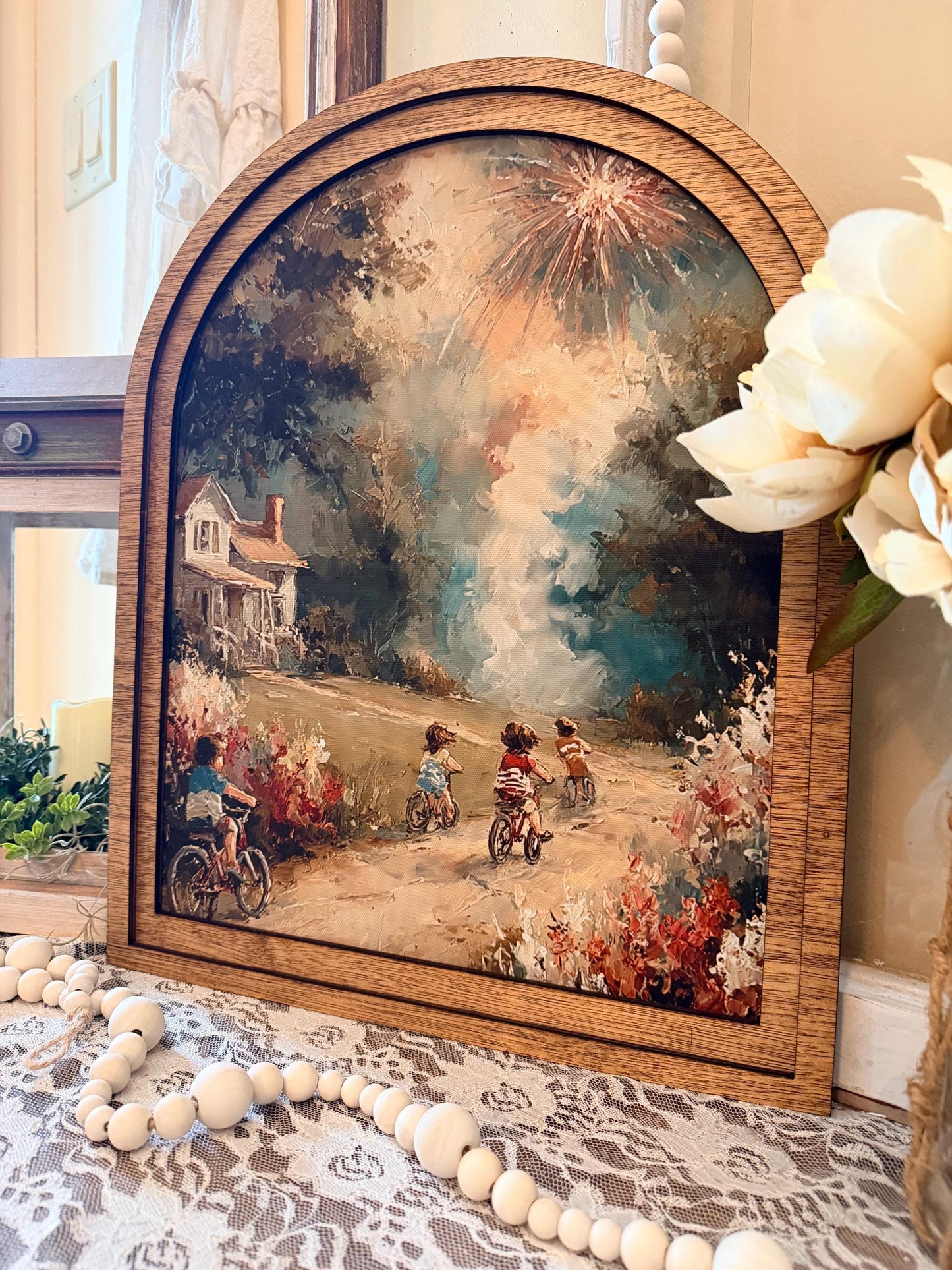Patriotic Arched Wood Frame Shelf Sitter | 4th of July Farmhouse Americana Decor | Children Flag Art