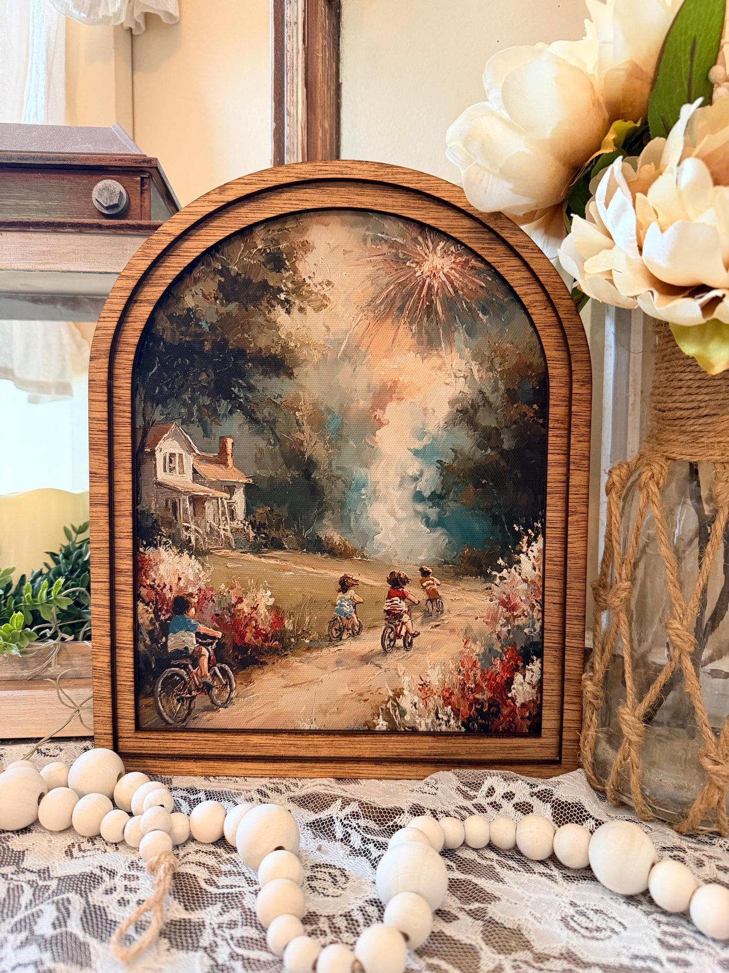 Patriotic Arched Wood Frame Shelf Sitter | 4th of July Farmhouse Americana Decor | Children Flag Art